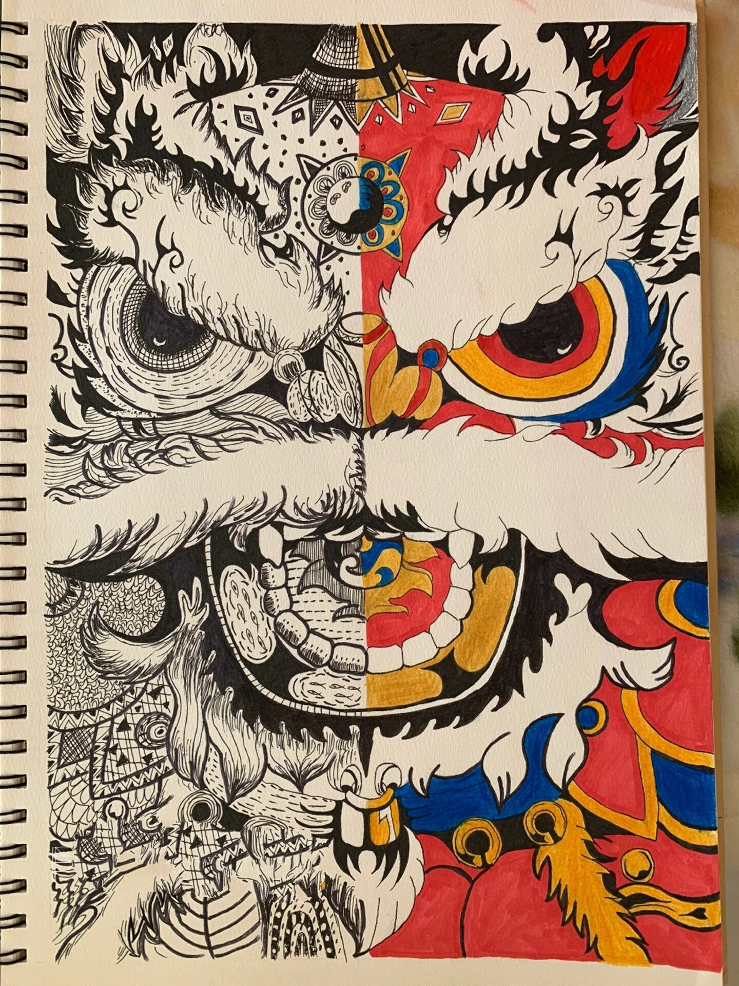 醒狮黑白元素 彩色画