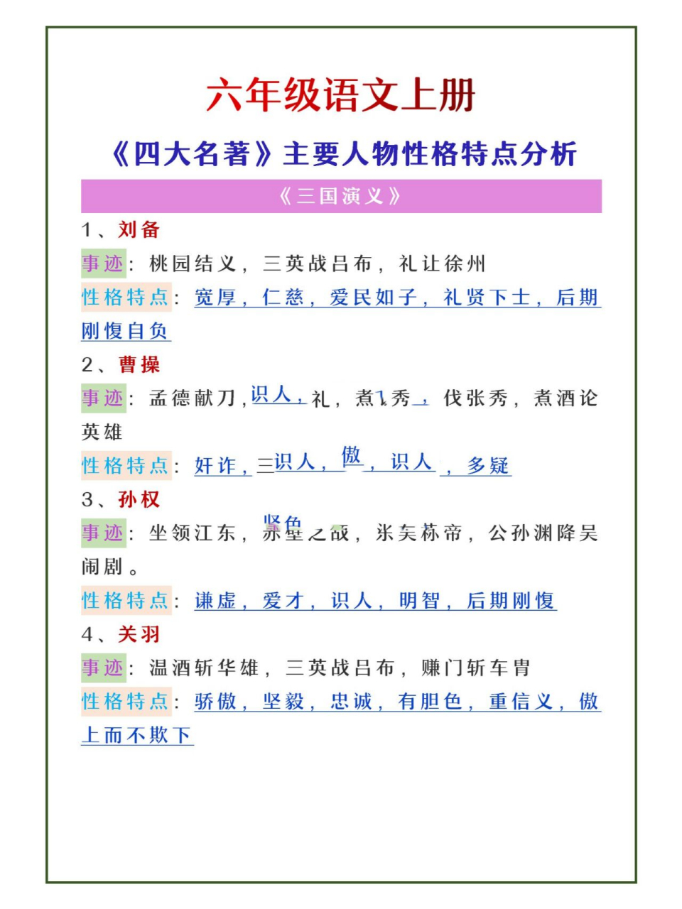 六年级语文四大名著主要人物性格特点分析 六年级语文四大名著主要