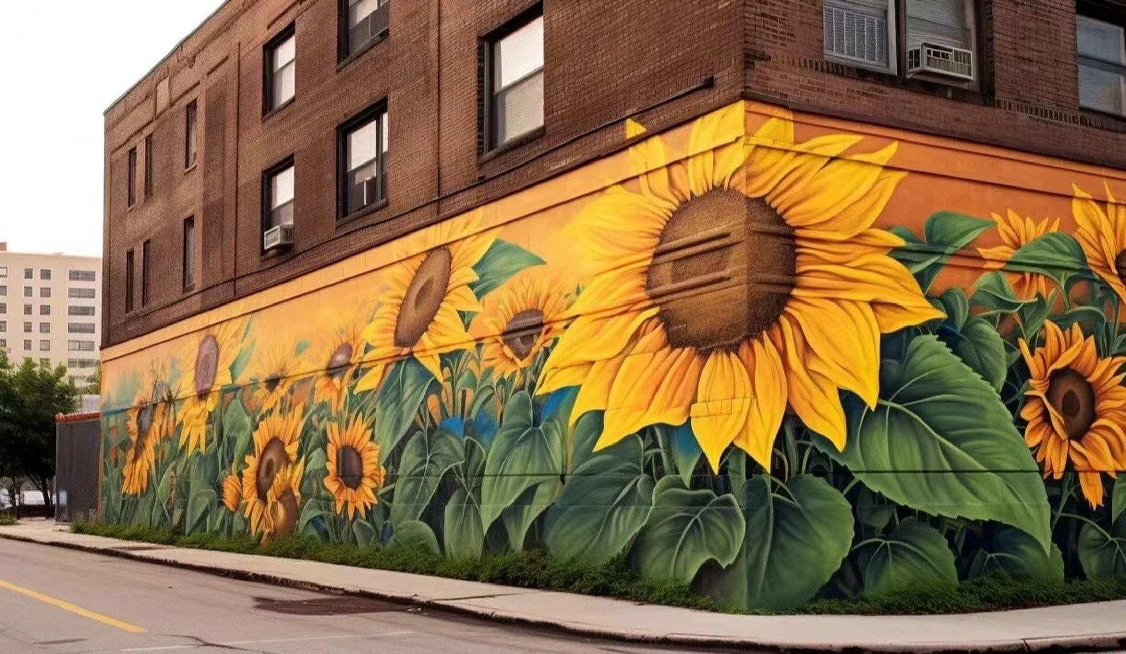 向日葵97花海手绘墙 墙绘向日葵,当你路过一面满是花朵的墙会不会