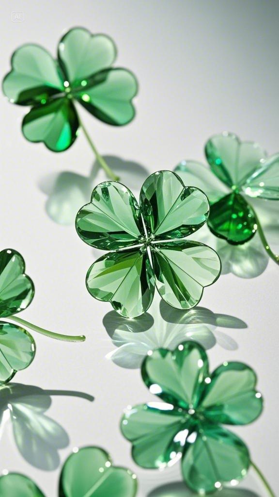 透明绿色水晶四叶草 通透 薄如蝉翼 高透 超清晰 逼真 叶片脉络清晰