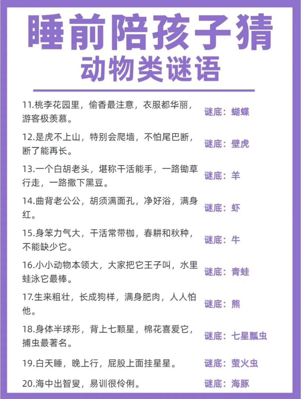 分享睡前给孩子四十个猜谜语 整理的40个动物类谜语,爸爸妈妈可以拿去
