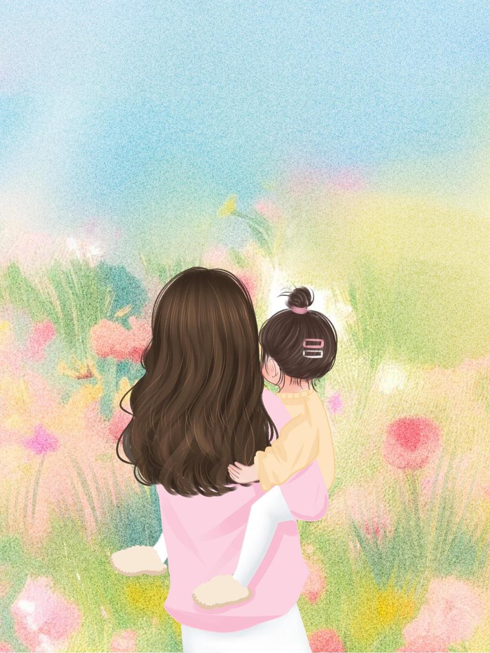 治愈系插画|我可爱的女儿95 可爱的小宝贝~ 画了一张妈妈带娃的背影