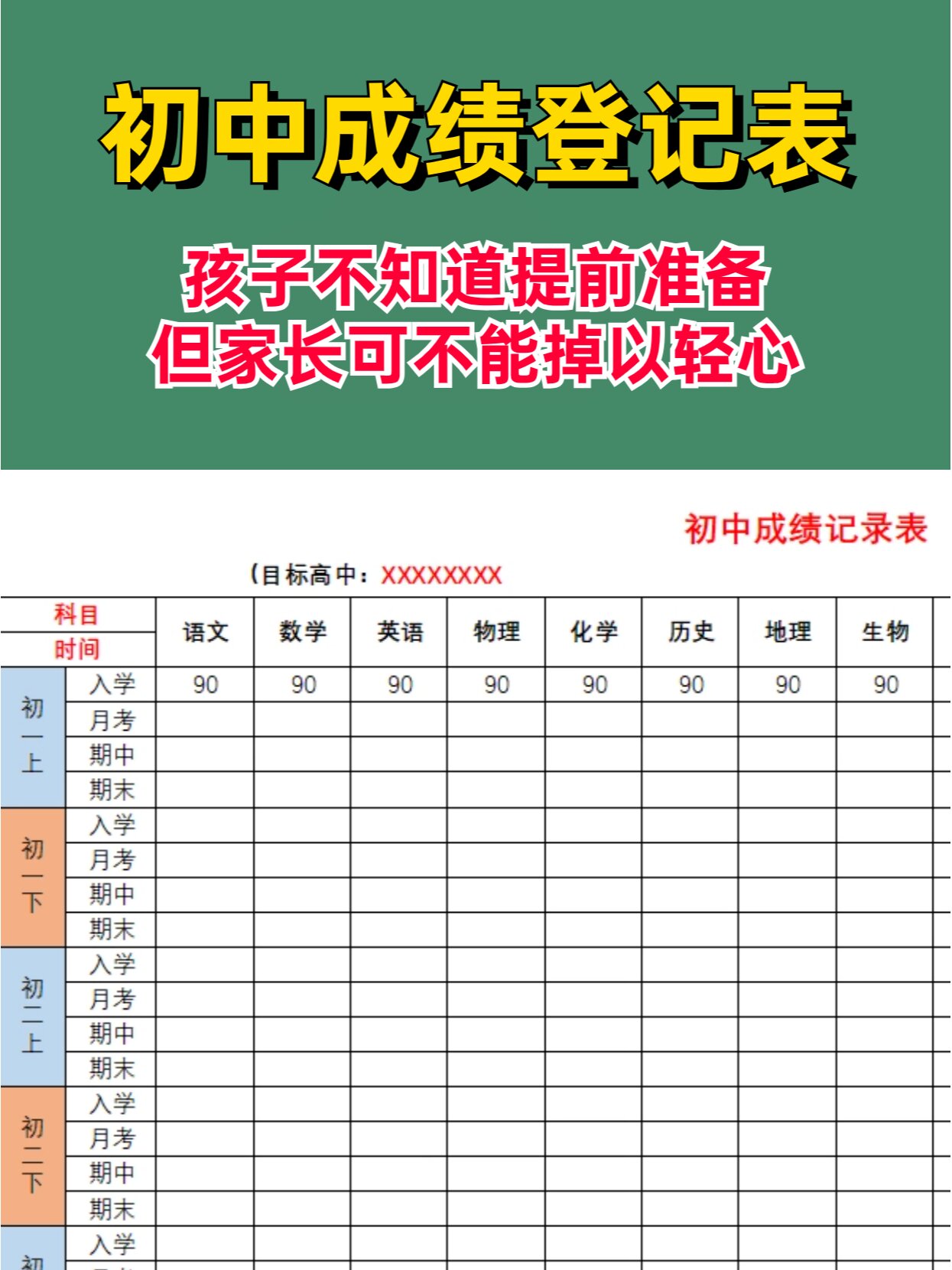 初中成绩登记表格模板