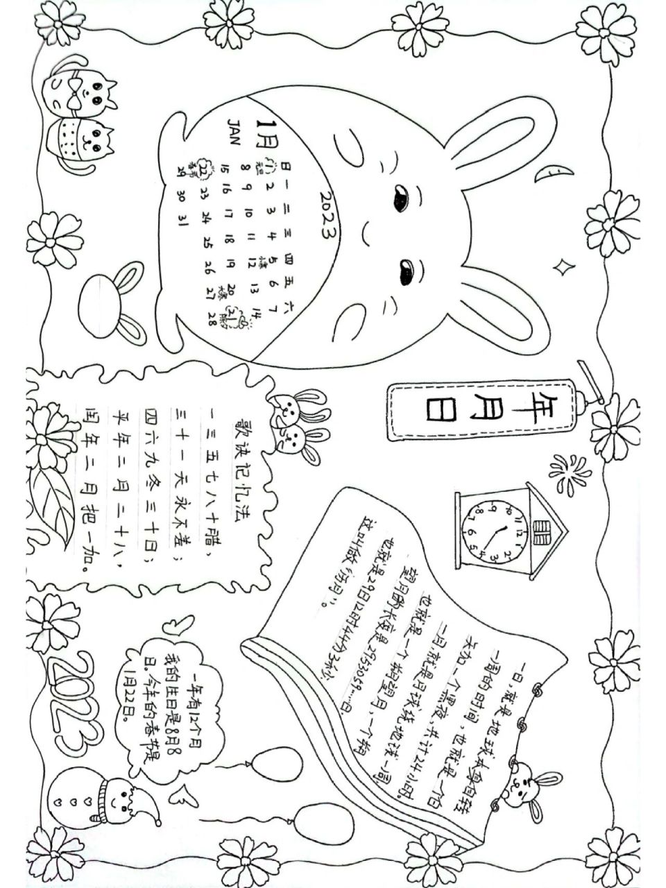 数学手抄报"年月日"线稿 三年级上册数学单元手抄报《年月日》,明天发