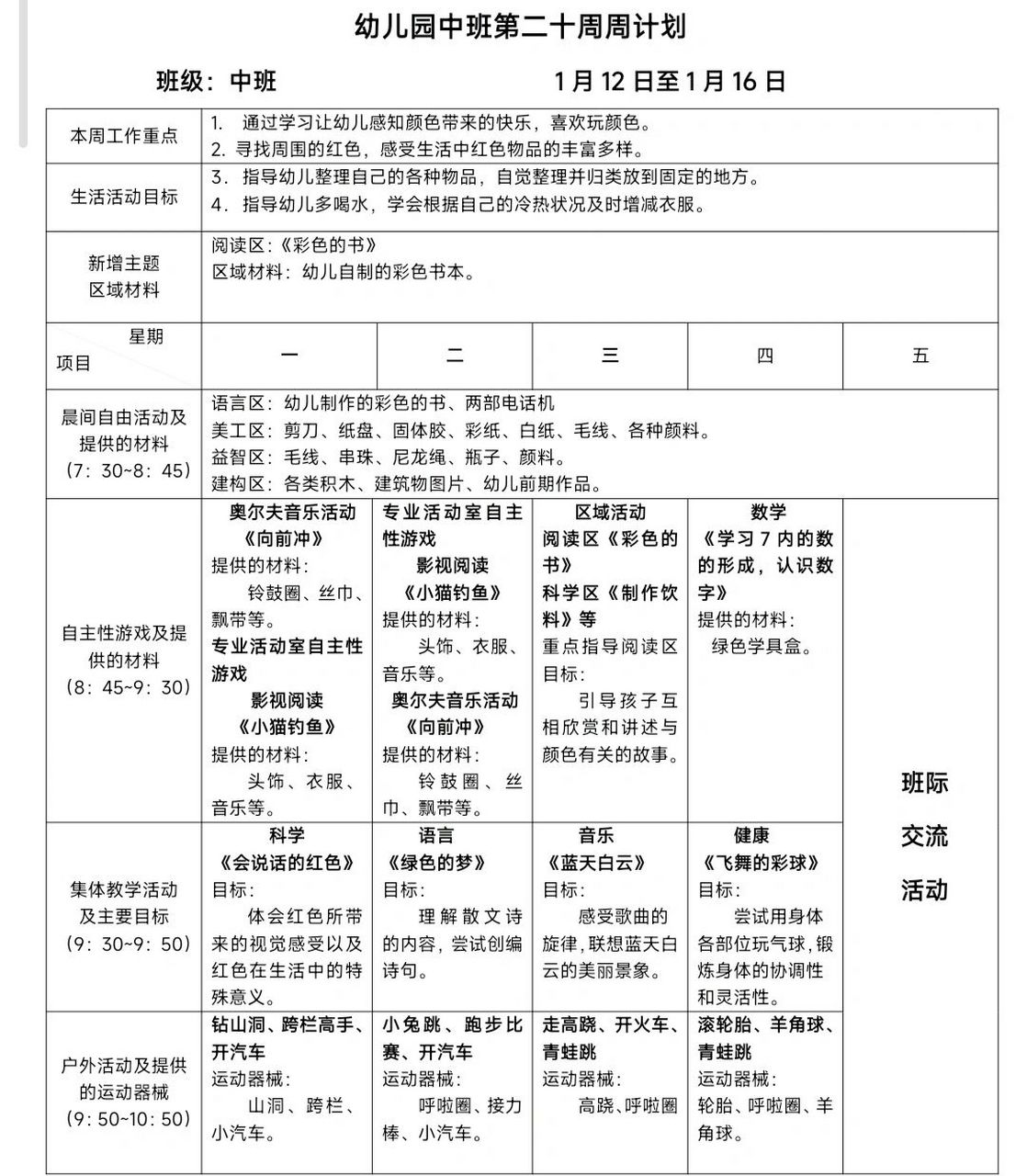幼儿园中班周计划表(19,20,21,22) 幼儿园中班周计划表更新完成,需要