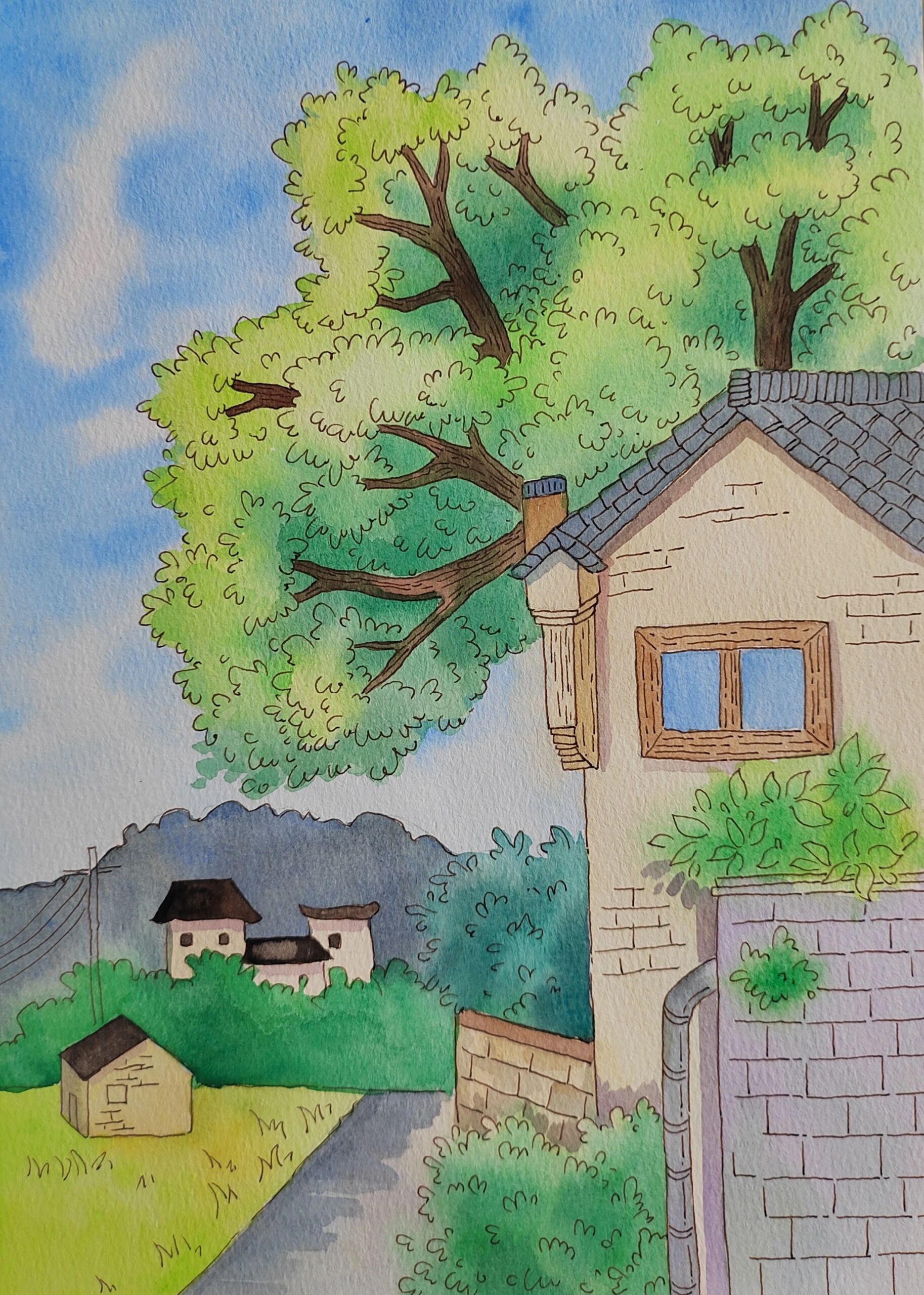 简单水彩风景画教程《乡村小景》 工具: 鲁本斯中粗水彩纸 针管笔