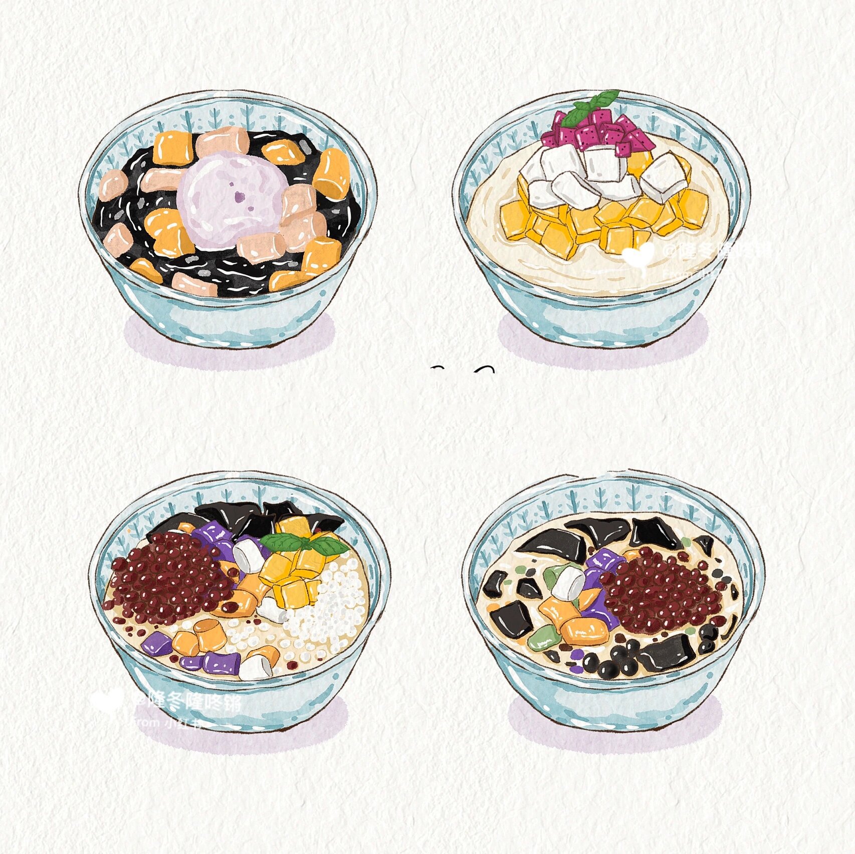 手绘水彩芋圆烧仙草/椰子红豆烧仙草