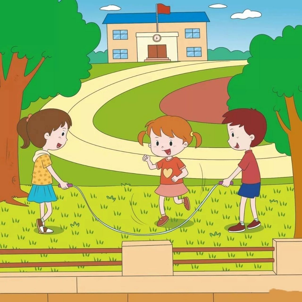 看图写话 跳长绳 大课间的时候,三个小伙伴一起到操场上跳绳.