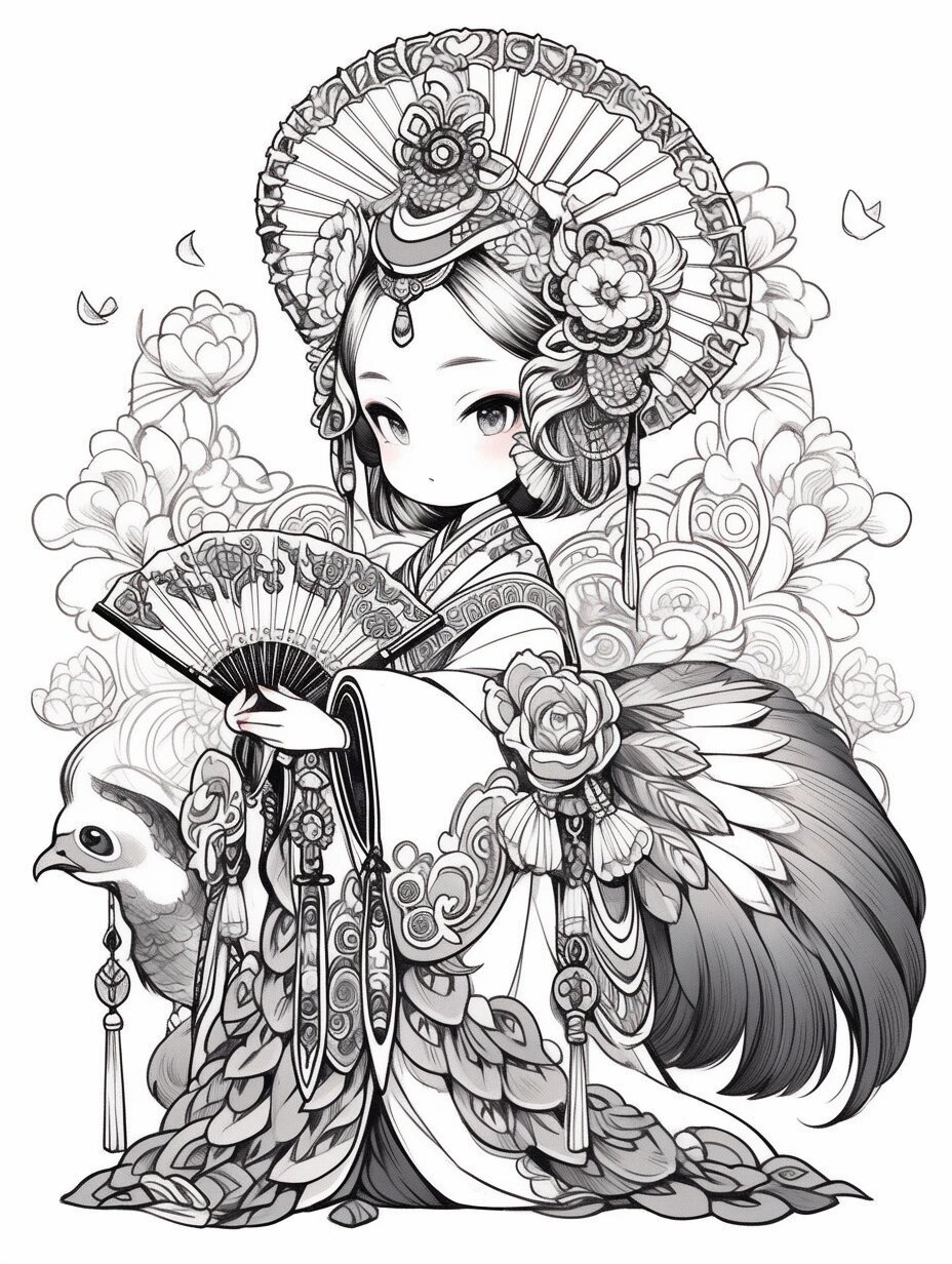 黑白人物线稿练习|孔雀少女