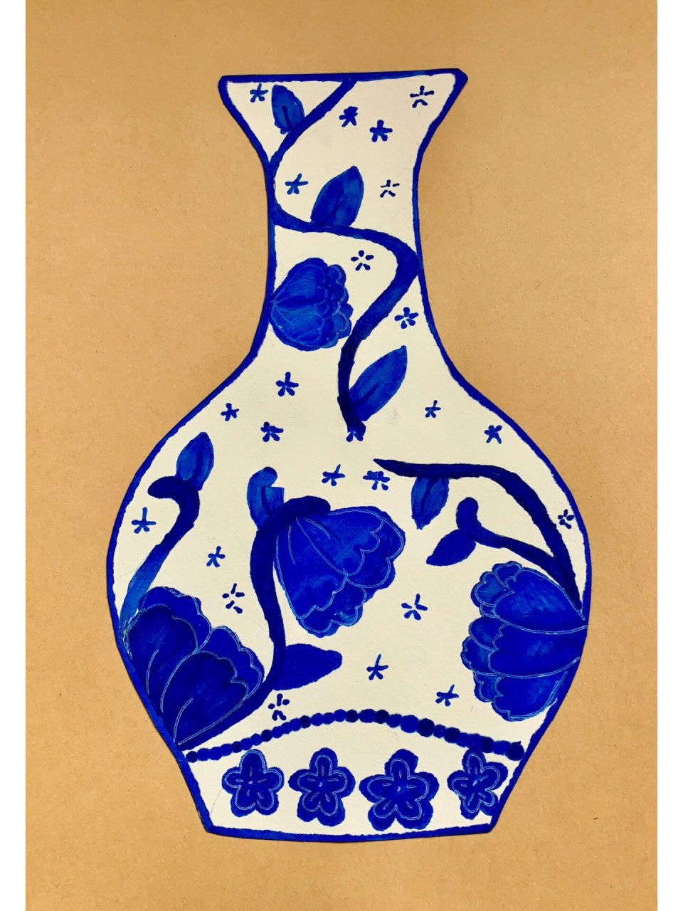 青花瓷创意儿童画花瓶,小学生作品  小学三年级,四年级的绘画作品