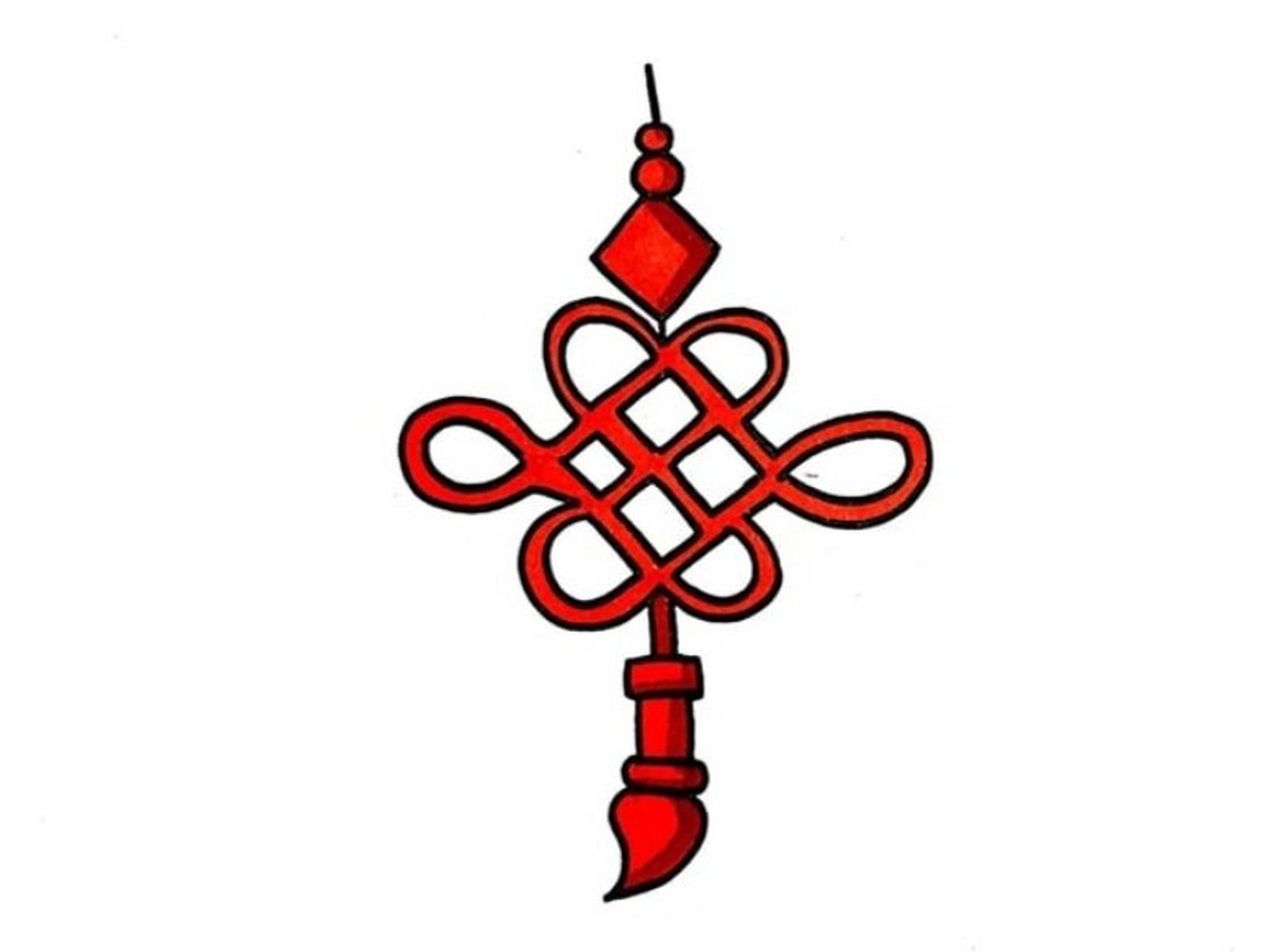 红色中国结简笔画图片教程简单 首先我们画出一串吊饰,接着在菱形的