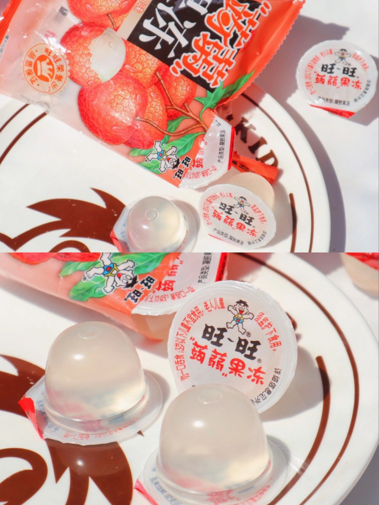 六种不同水果口味的旺旺蒟蒻果冻:草莓味,苹果味,荔枝味,葡萄味,蜜桃