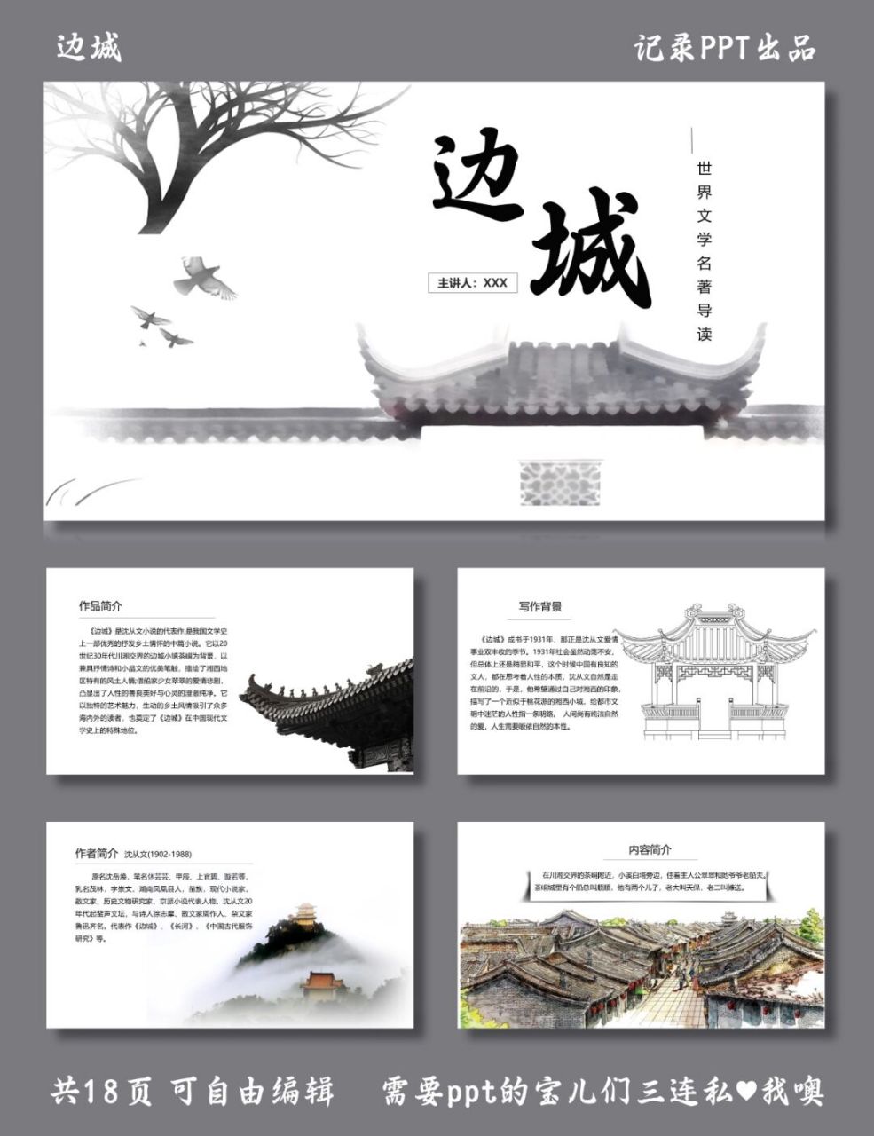 边城 名著导读 边城 ppt模板 目录包括 ①作品简介 ②写作背景 ③作者