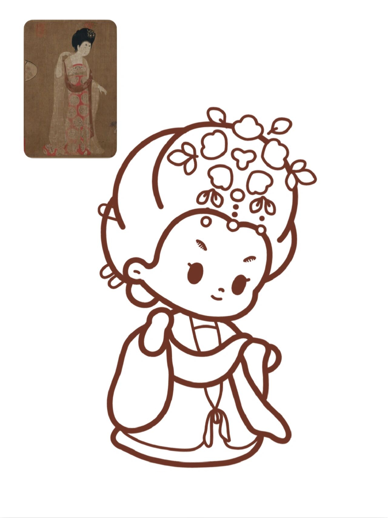 q版古风人物简笔画线稿 名画重绘—《簪花仕女图》