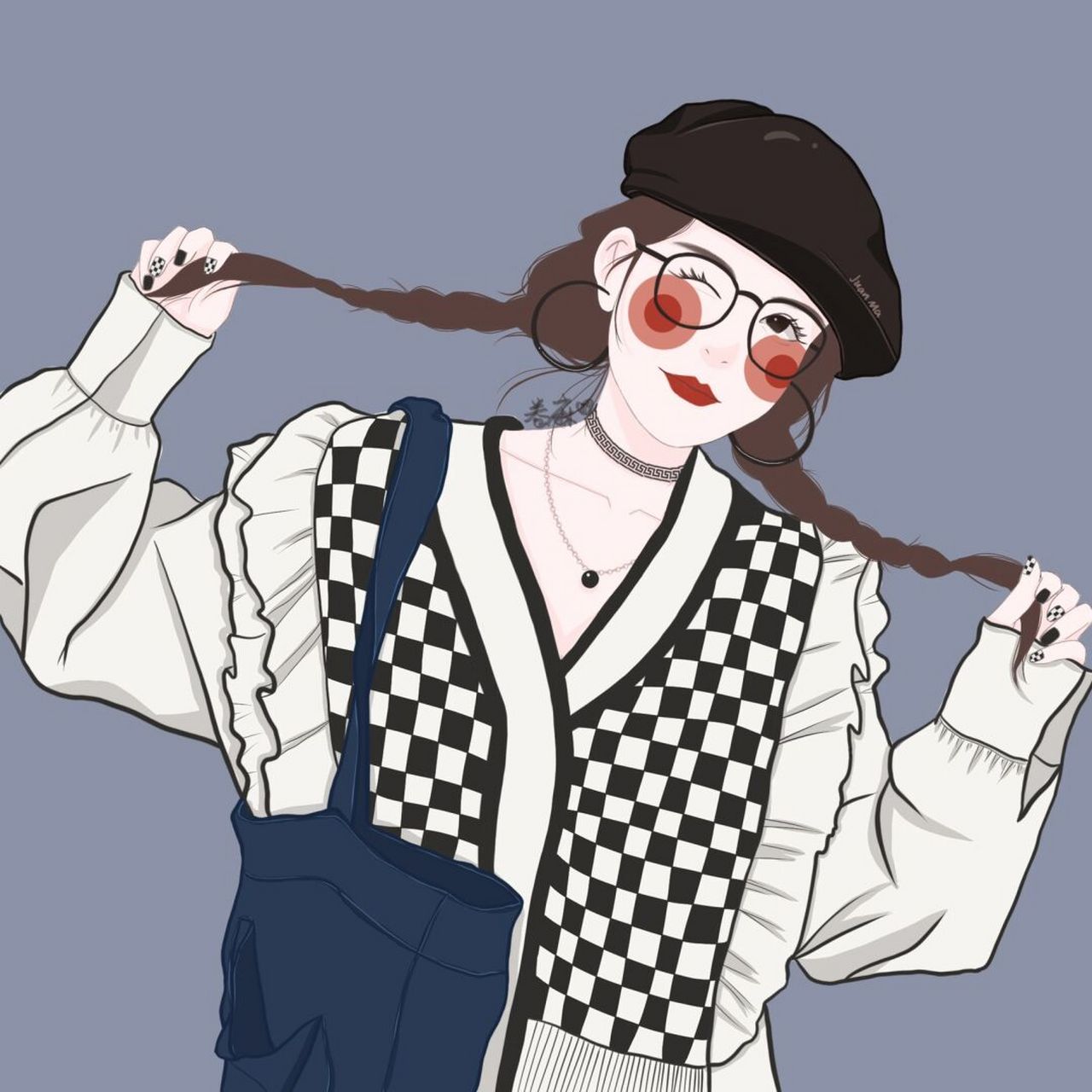 插画头像 | 情侣头像女头 棋盘格衬衫的女孩 男头今天画明天更新哦