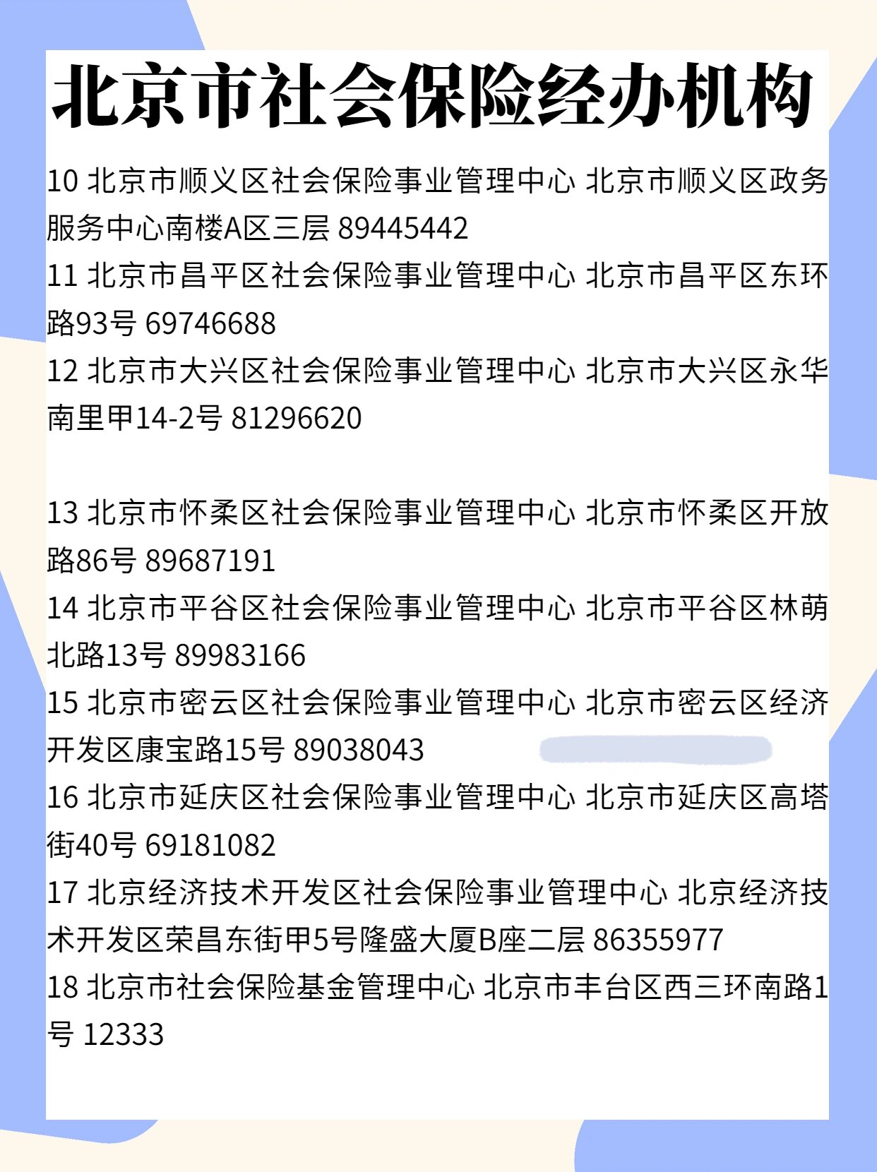 北京各区社保机构地址及咨询电话
