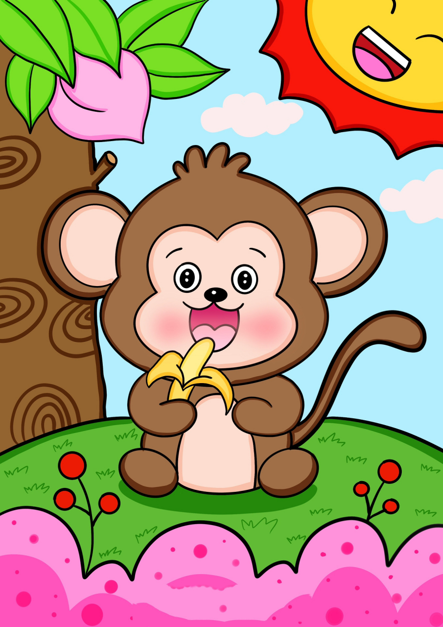 猴子摘香蕉儿童画图片
