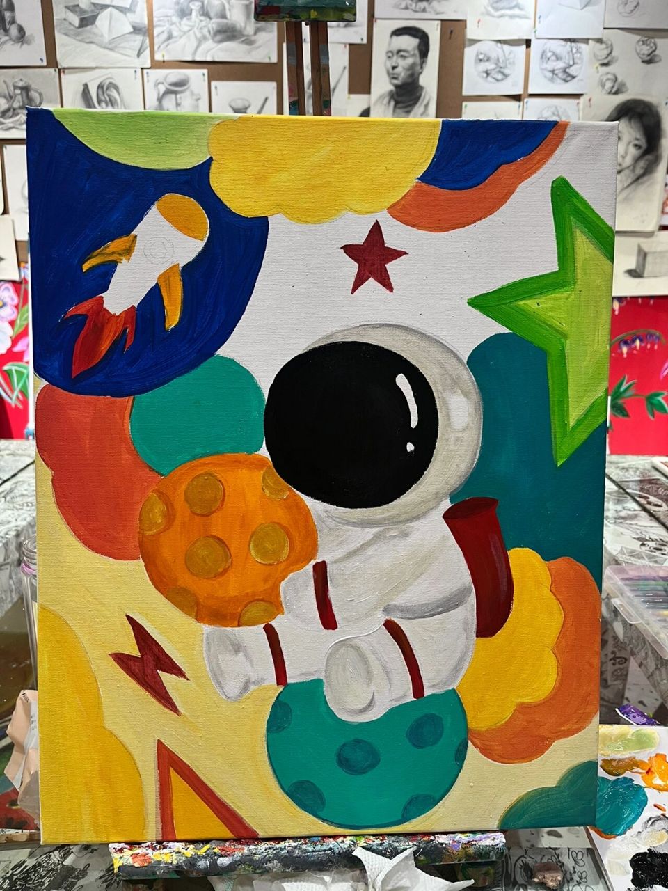 儿童原创油画—太空人 本作品适合小学初级阶段的孩子绘画,接近插画