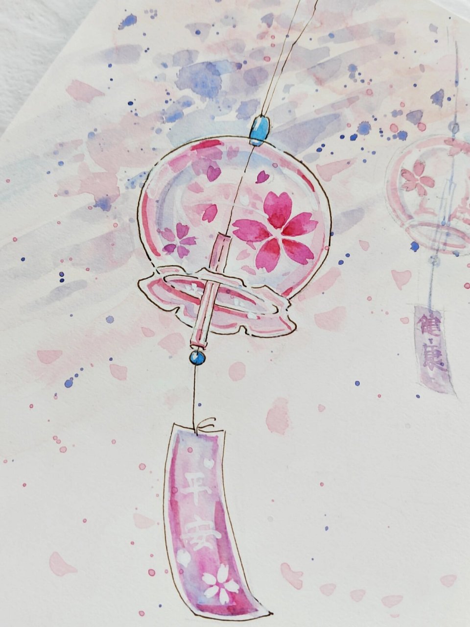 樱花系列|风铃-附步骤 水彩樱花风铃画法步骤: 1.