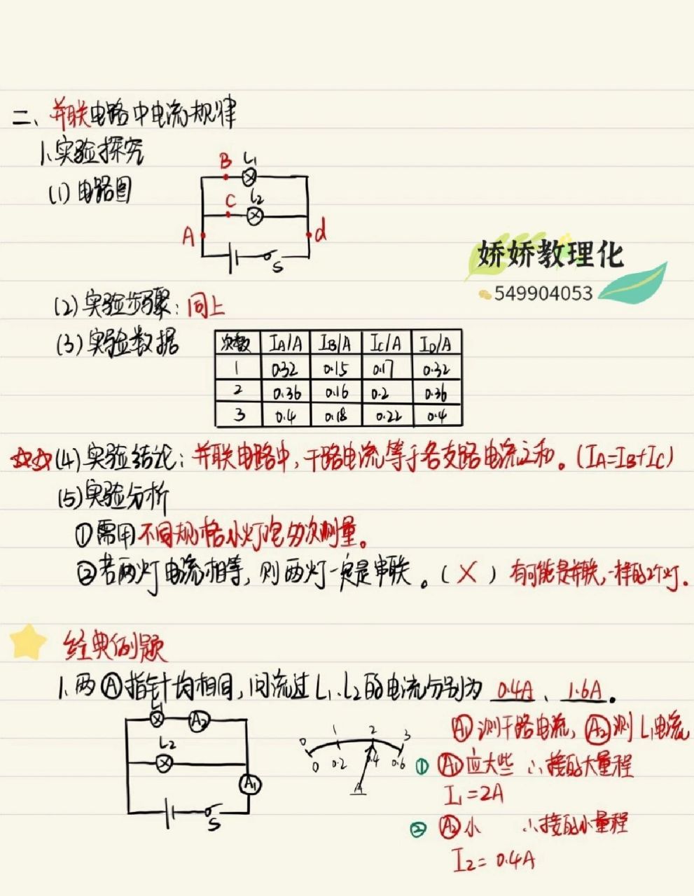 九年級物理《串並聯電路 電流特點》筆記