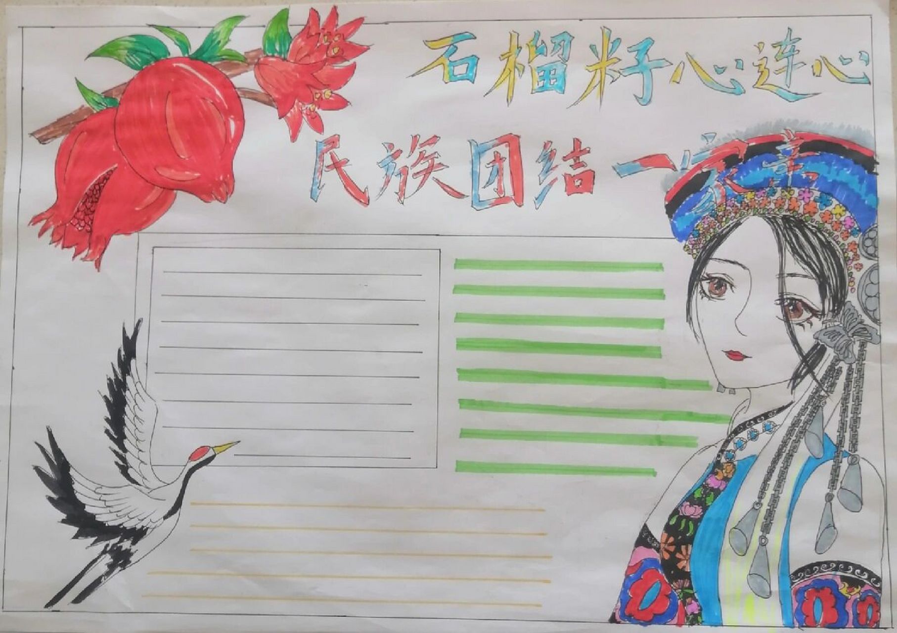 石榴籽儿心连心!民族团结一家亲手抄报. 线打歪了