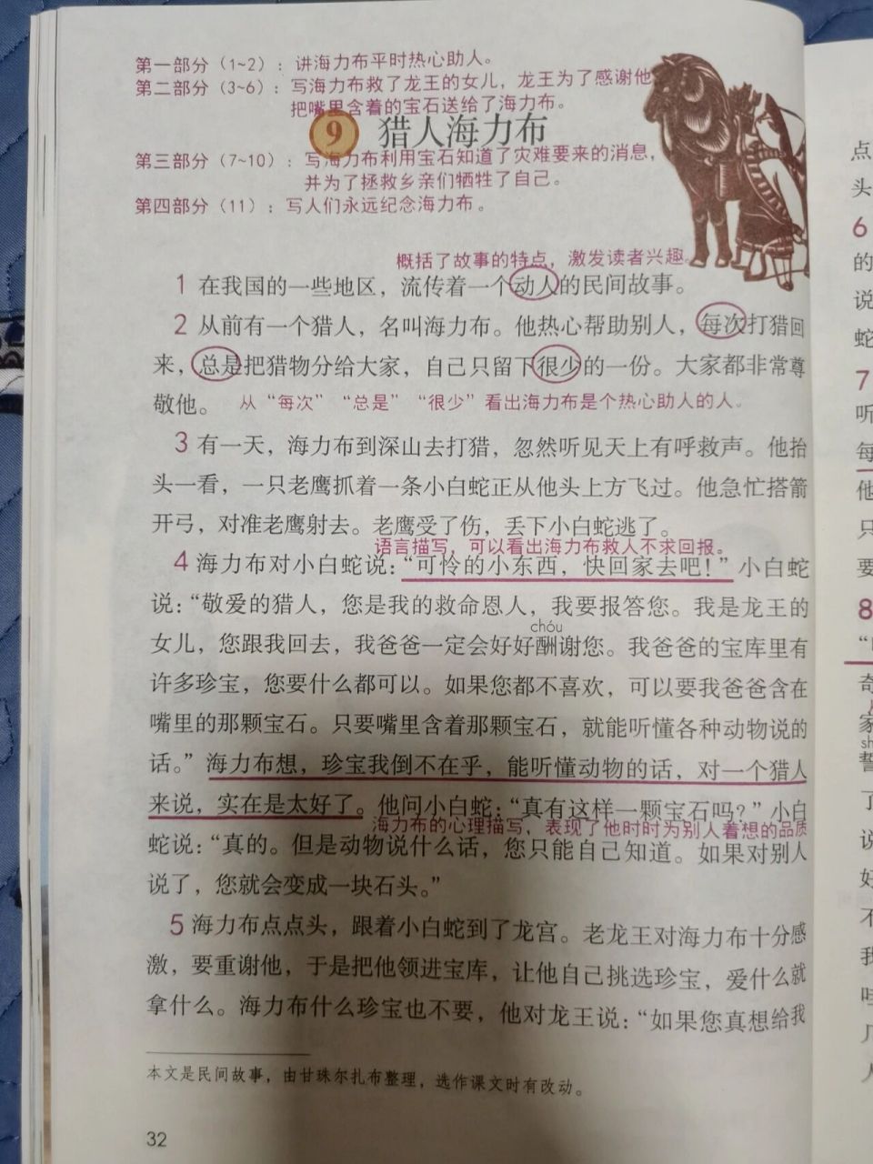 五年级上第九课《猎人海力布》预习批注笔记