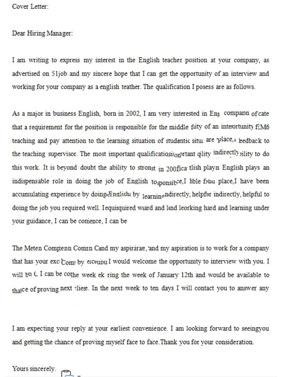 英文求职信   这个求职信采用的格式是全齐头式,在求职时也是采用全齐