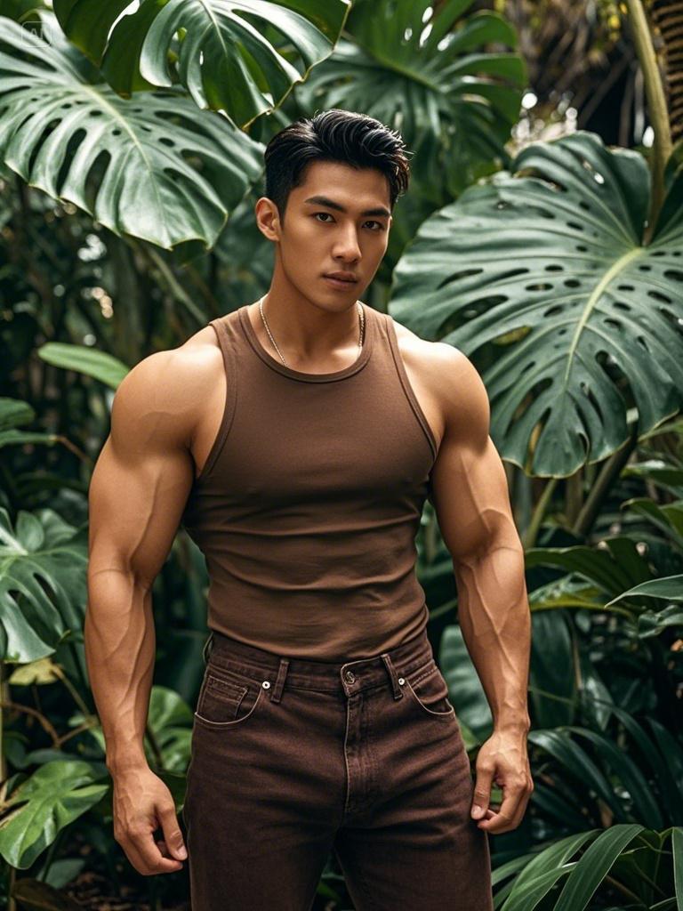 肌肉猛男帅哥壁纸集锦 龟背竹下的青春撩起衣服就是腹肌 男友力爆棚