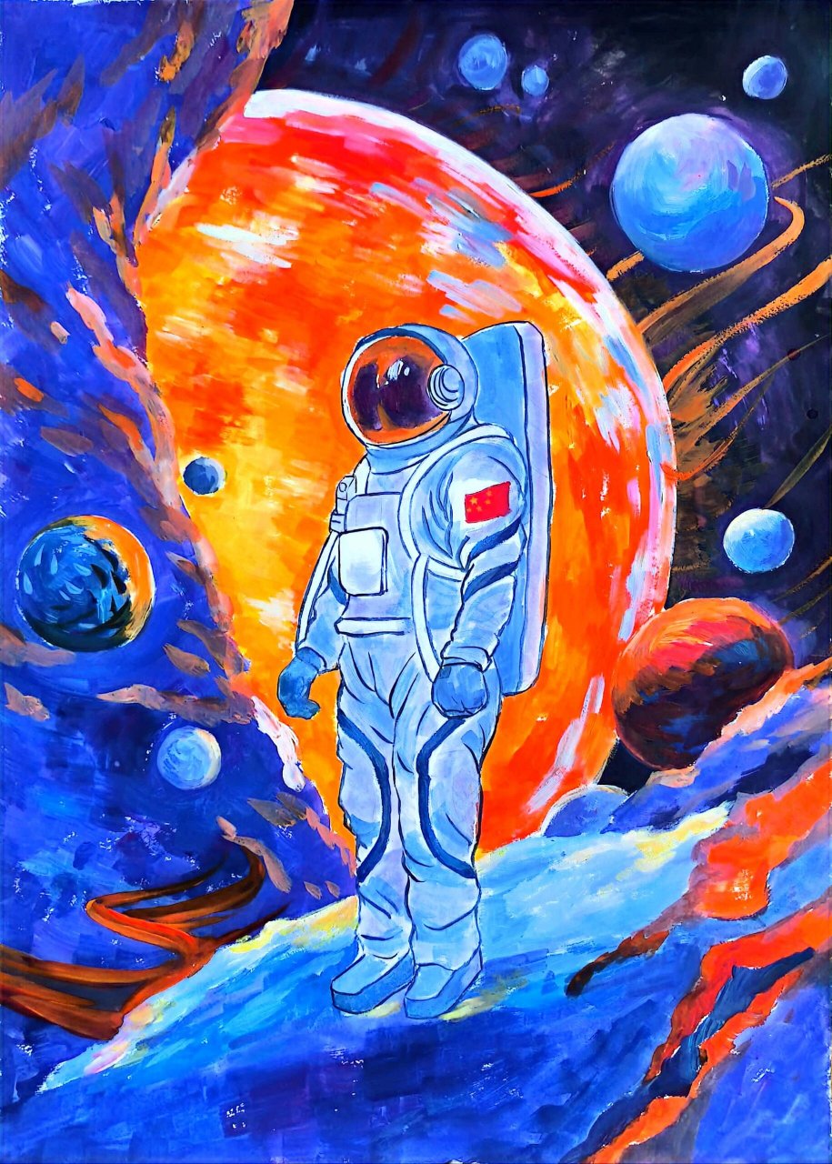 插画# #手绘# #插画分享# #水粉画# #水粉# #宇航员# #太空# #星球