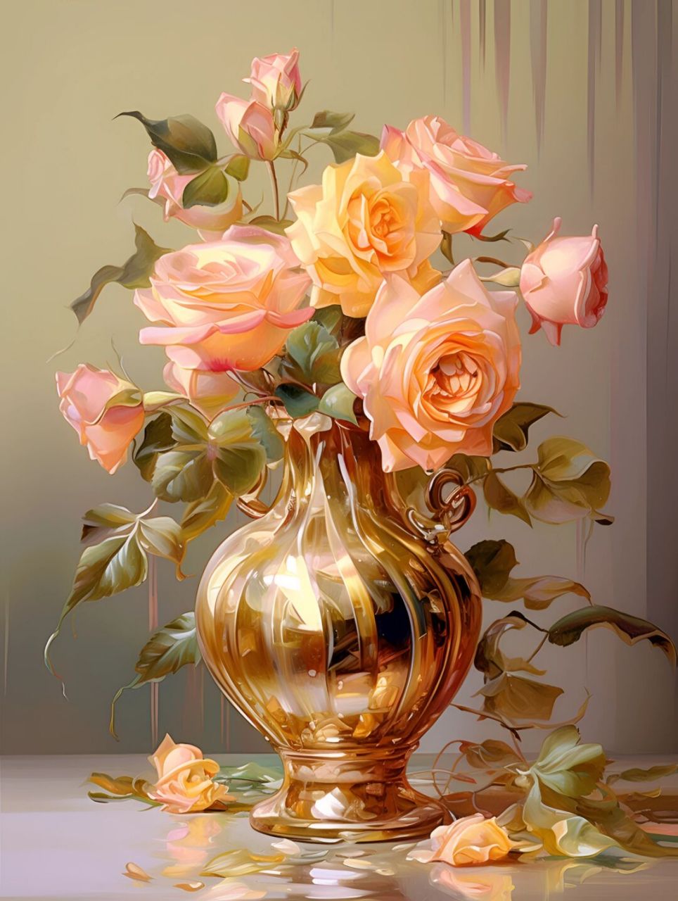 prompt:oil painting of a rose and flower vase in vray tracing