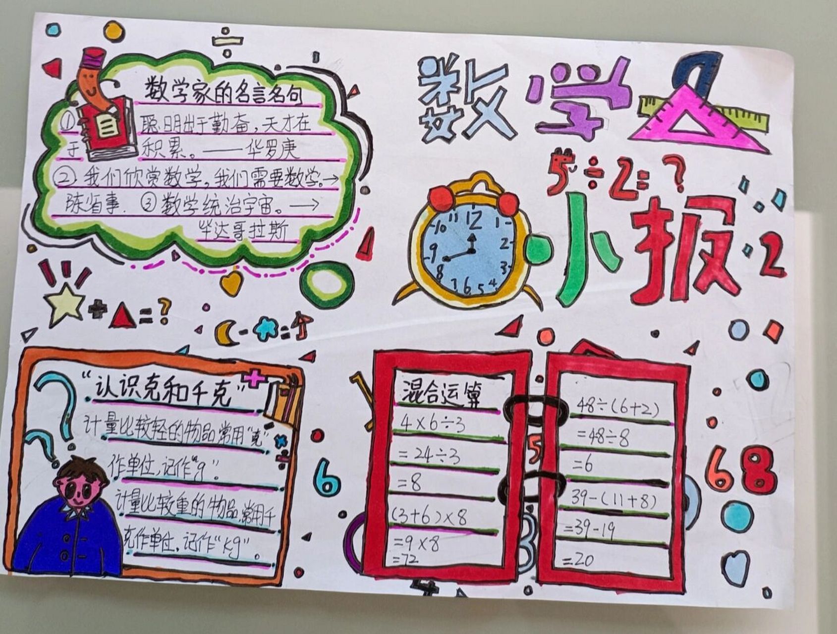 二年级数学手抄报 暑假数学小报 a4纸 秀普马克笔