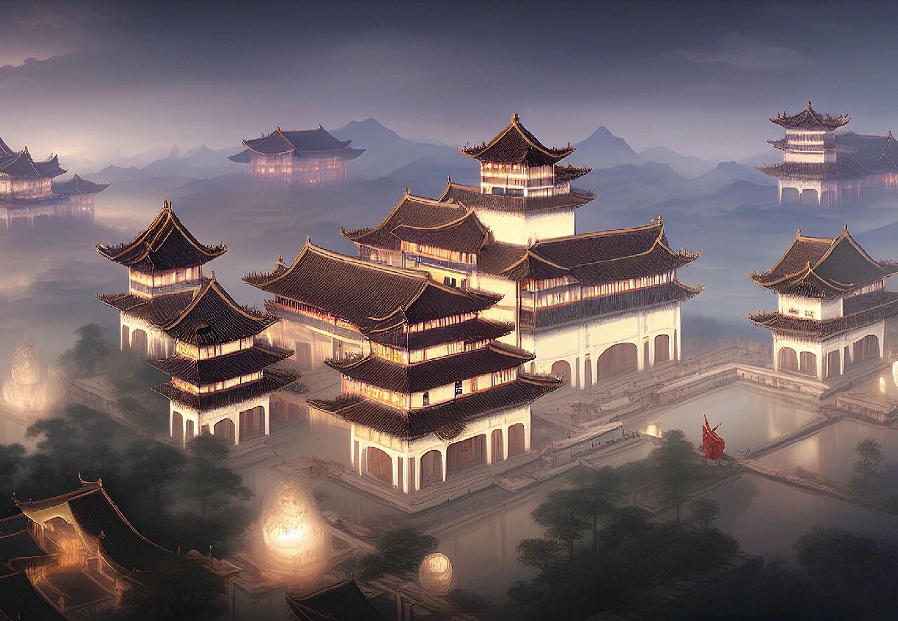 中式亭台楼阁场景概念设计 楼阁外,歌如酒,夜莺孤伫,愁莫入君唇.