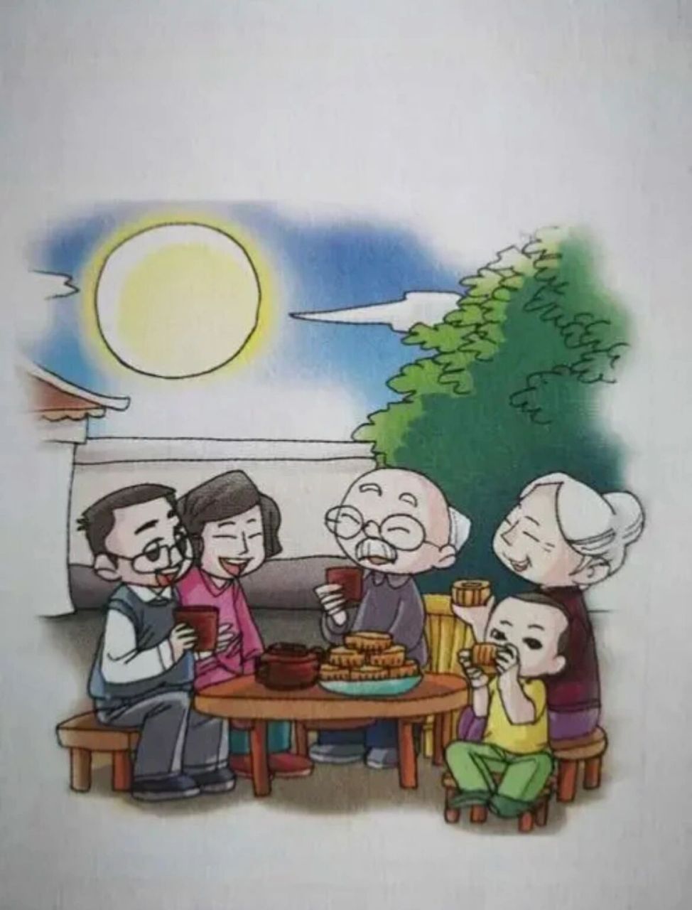 中秋赏月看图写话 范文一 中秋节的晚上,明明与家人在公园里吃月饼