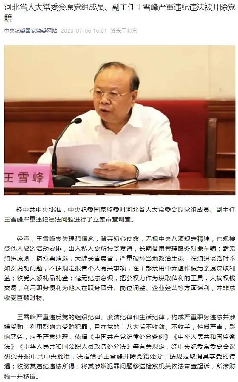 【王雪峰严重违纪违法被开除党籍】经中共中央批准,中央纪委国家监委