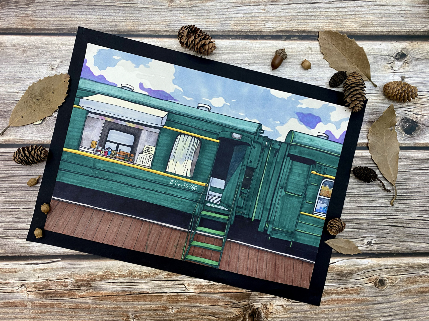 马克笔画绿皮火车～ 一张稍显粗糙的马克笔绿皮火车