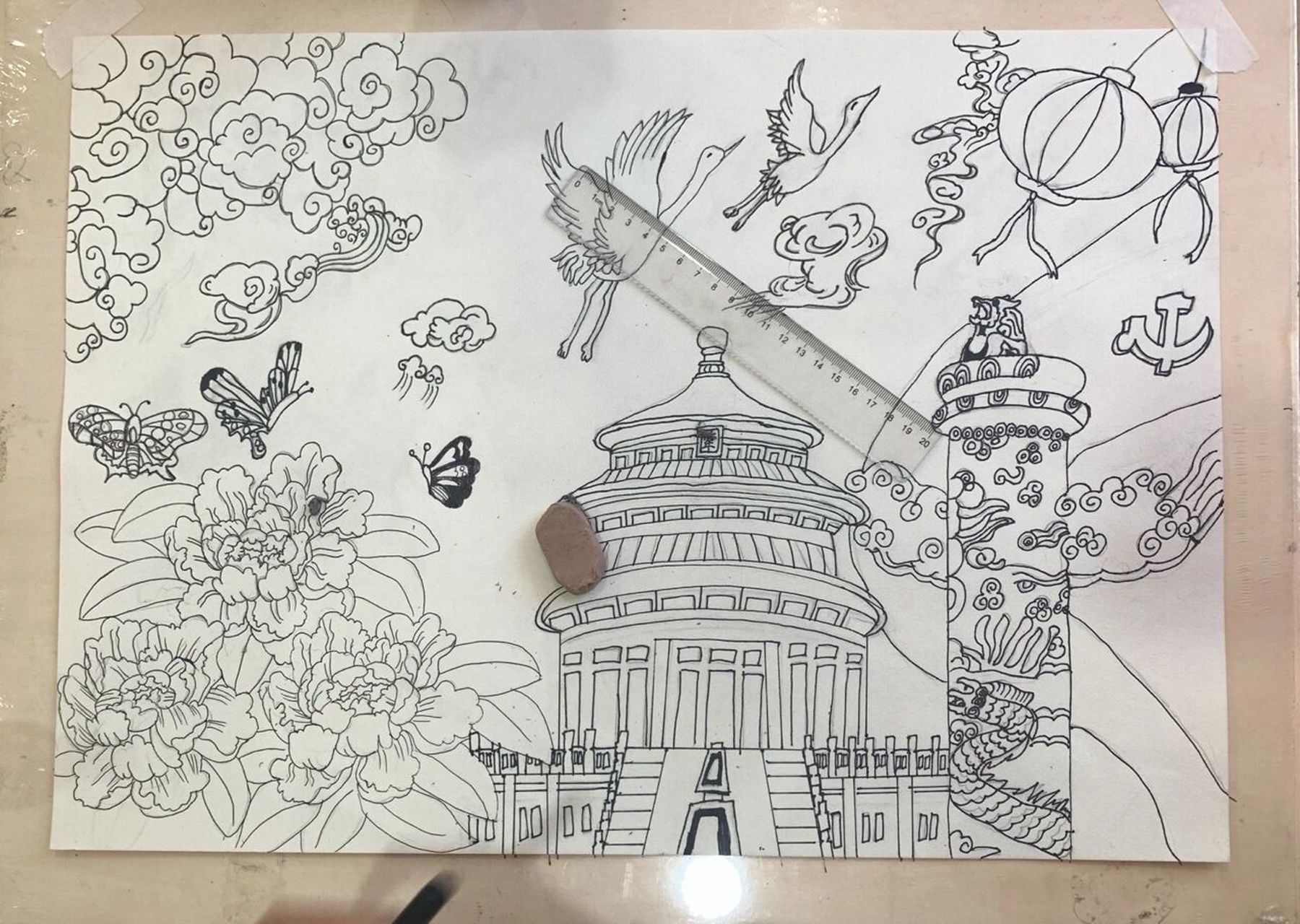 学生作品94祝福祖国主题比赛绘画 小朋友画的 刚完成底稿