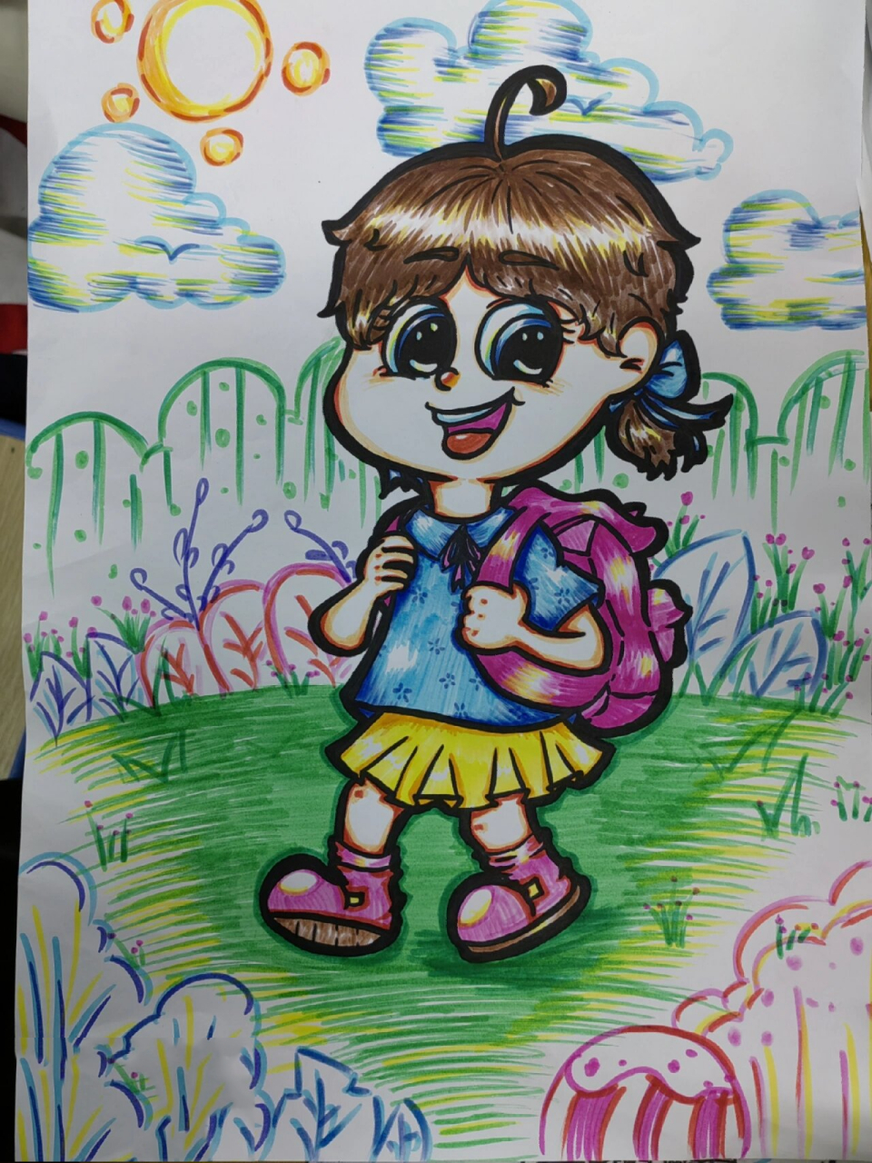 主题画《背书包上学的小孩》 #简笔画# #儿童画# #技能高考##小女孩