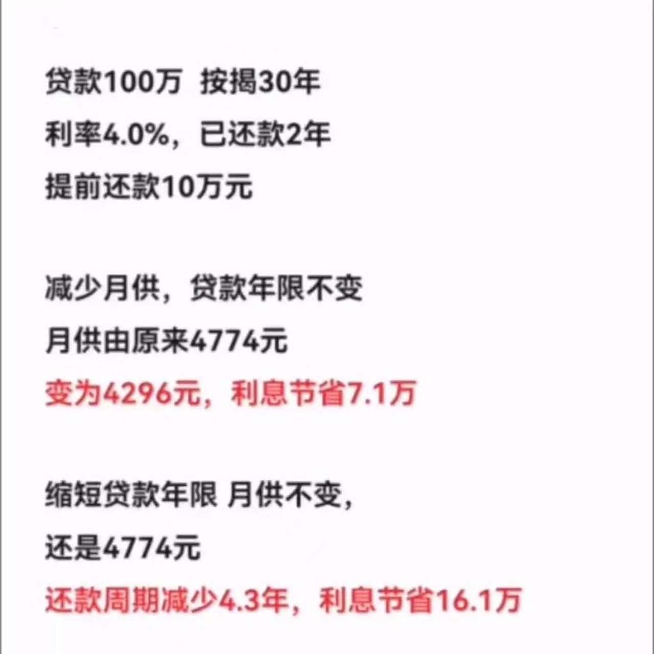提前还款10万元,减少月供,贷款年限不变,月供由原来4774元变为4296元