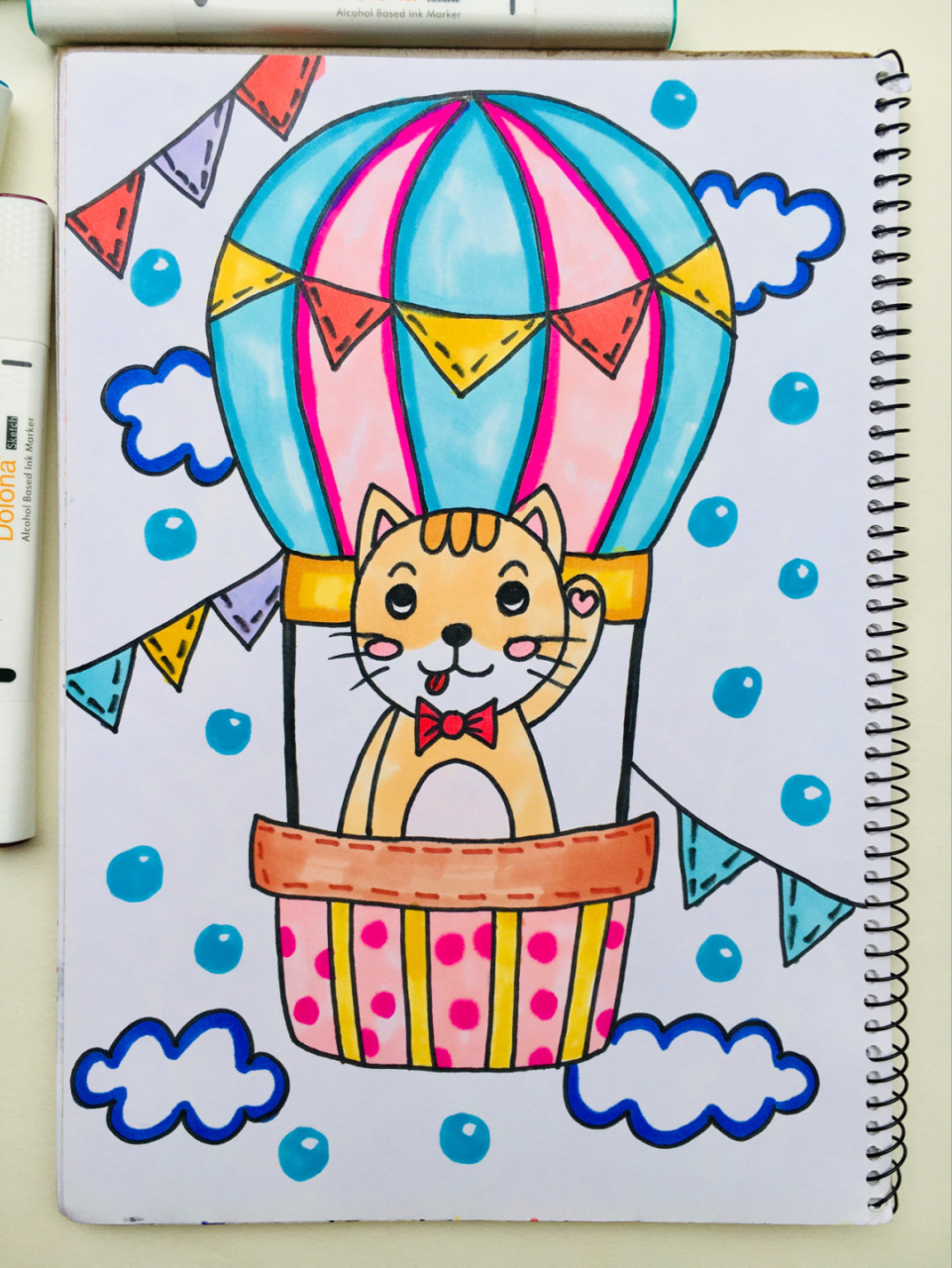 【小猫咪乘热气球】马克笔手绘儿童画简单 部分作品含线稿图(画的时候