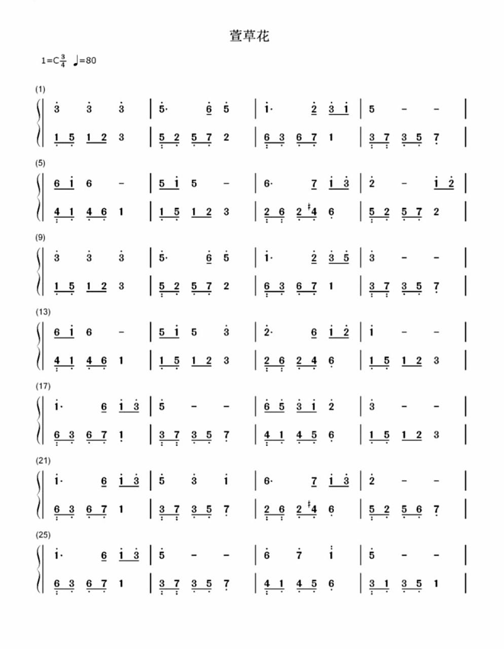 适合新手的93钢琴曲简谱分享 11566《萱草花》是由张小斐演唱的