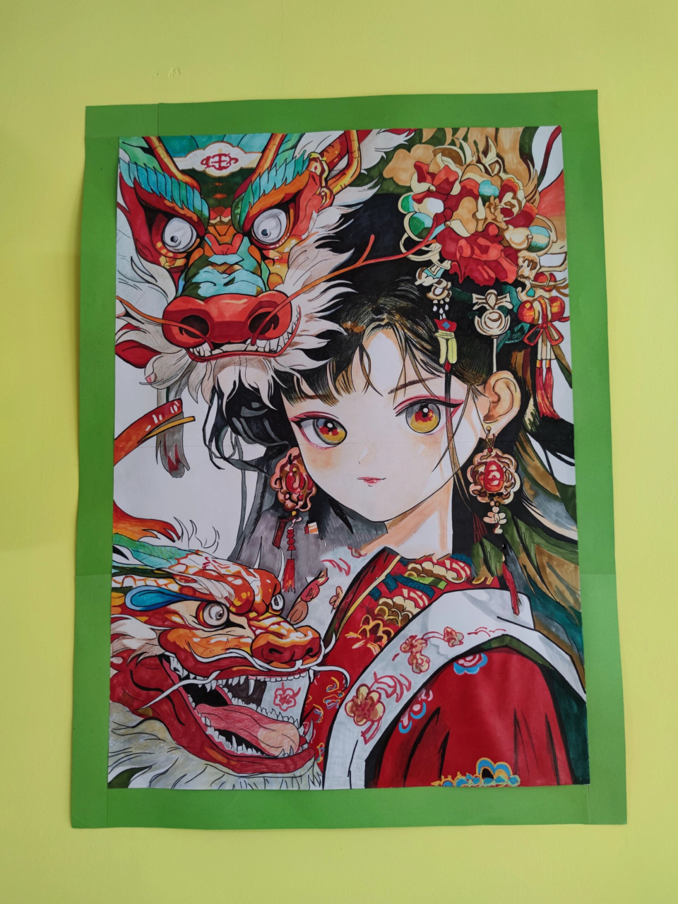 马克笔,彩铅临摹动漫手绘国潮风龙年女孩 2开龙年国潮风人物绘画临摹