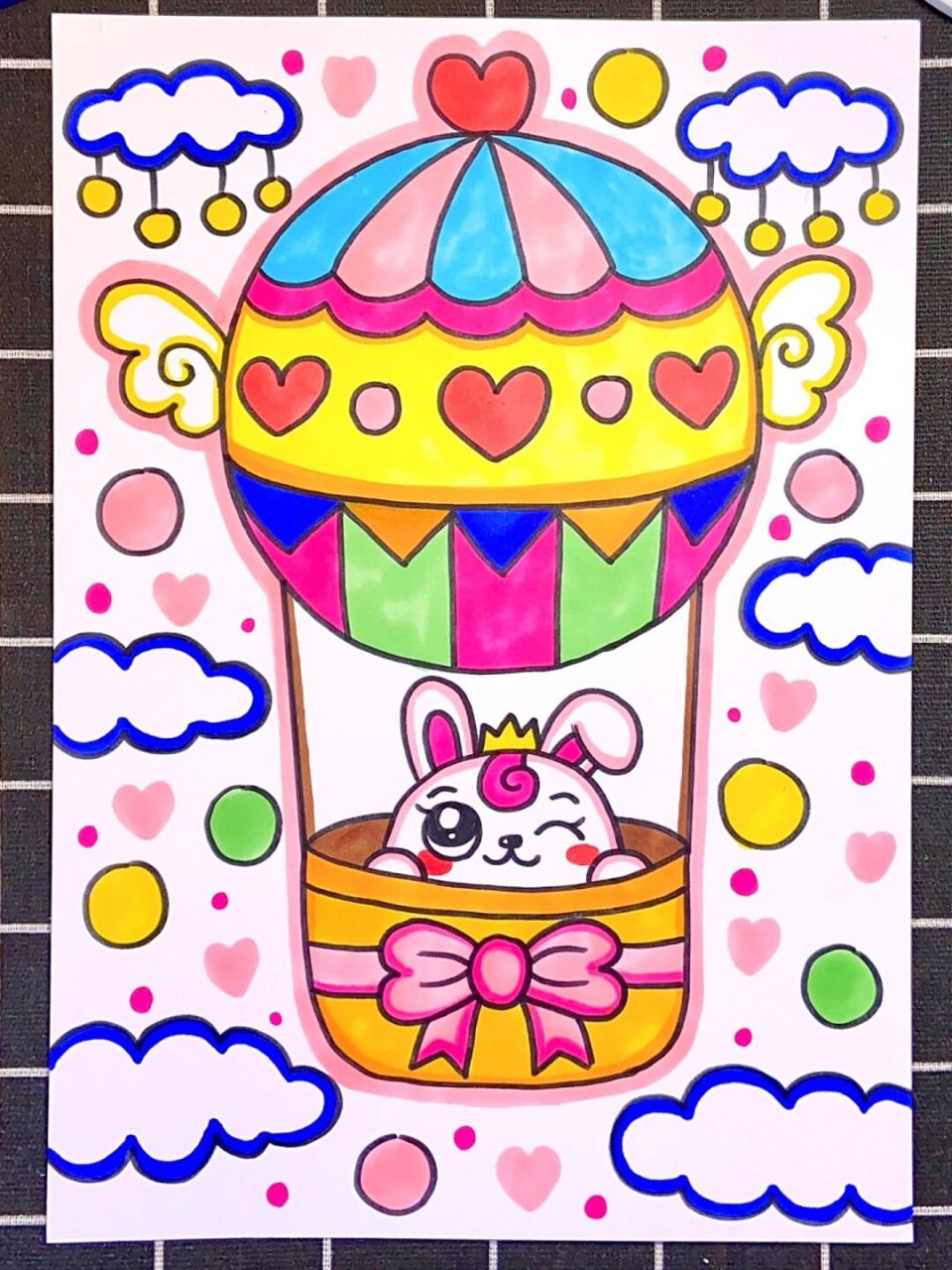 【小兔公主热气球94】简单创意儿童画少儿美术 96787878