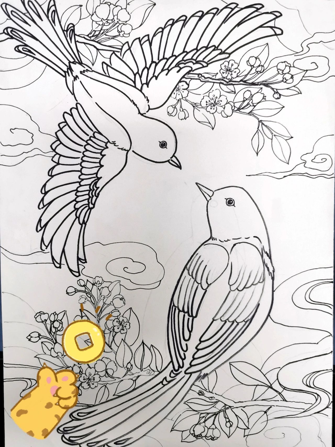 儿童画《喜鹊》7～9岁 91课程名称:《喜鹊》 技法:线描,渐变 色彩