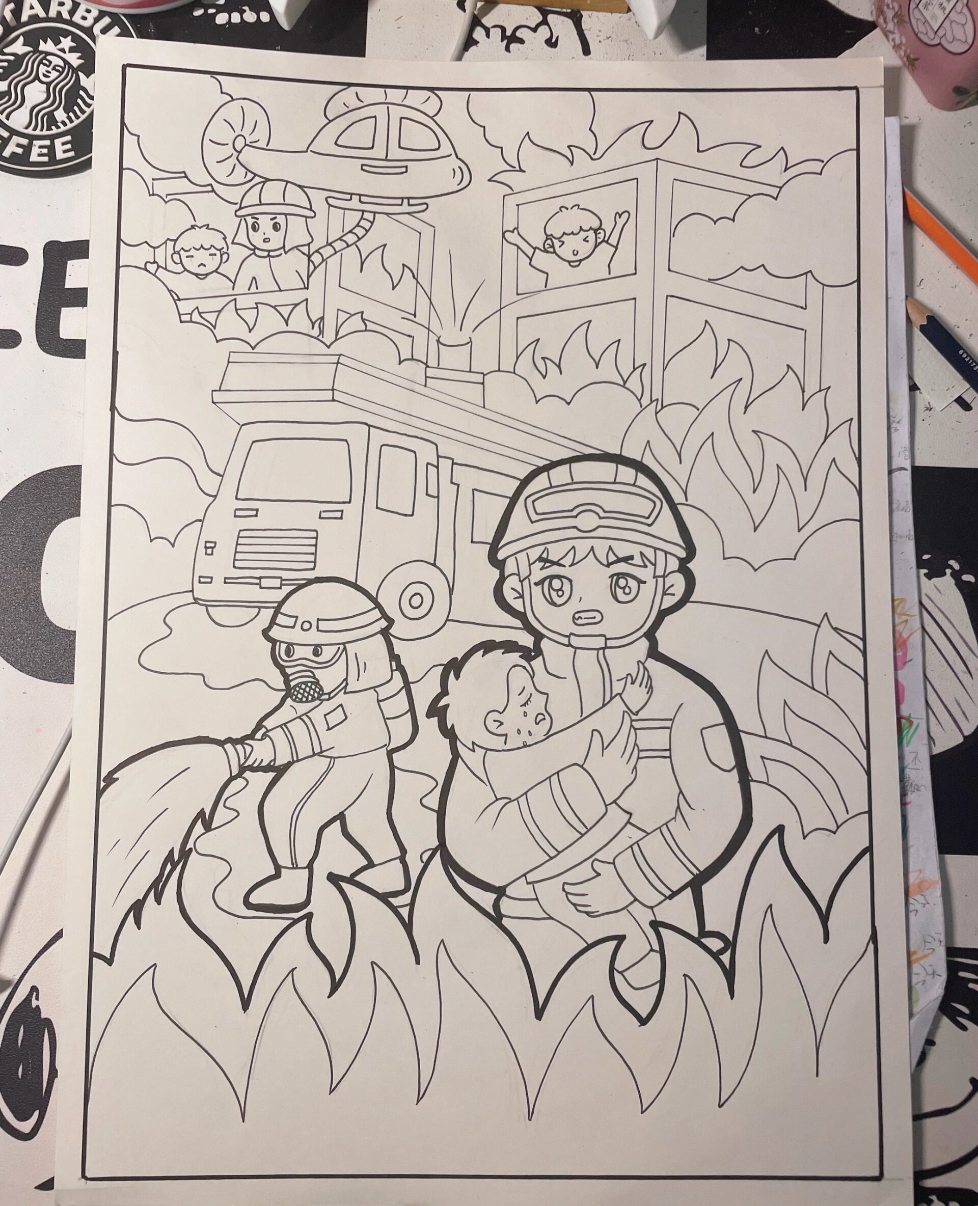 消防主题画(含步骤)        消防主题画比较适合三年级左右的小朋友