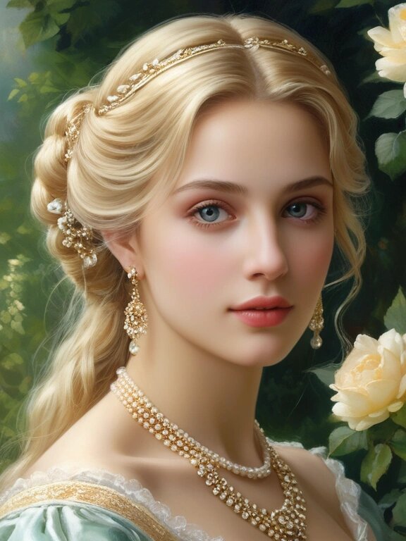 ai绘画 欧洲古典美女,肖像,佩戴金光闪闪的首饰,金发,美丽的花园里