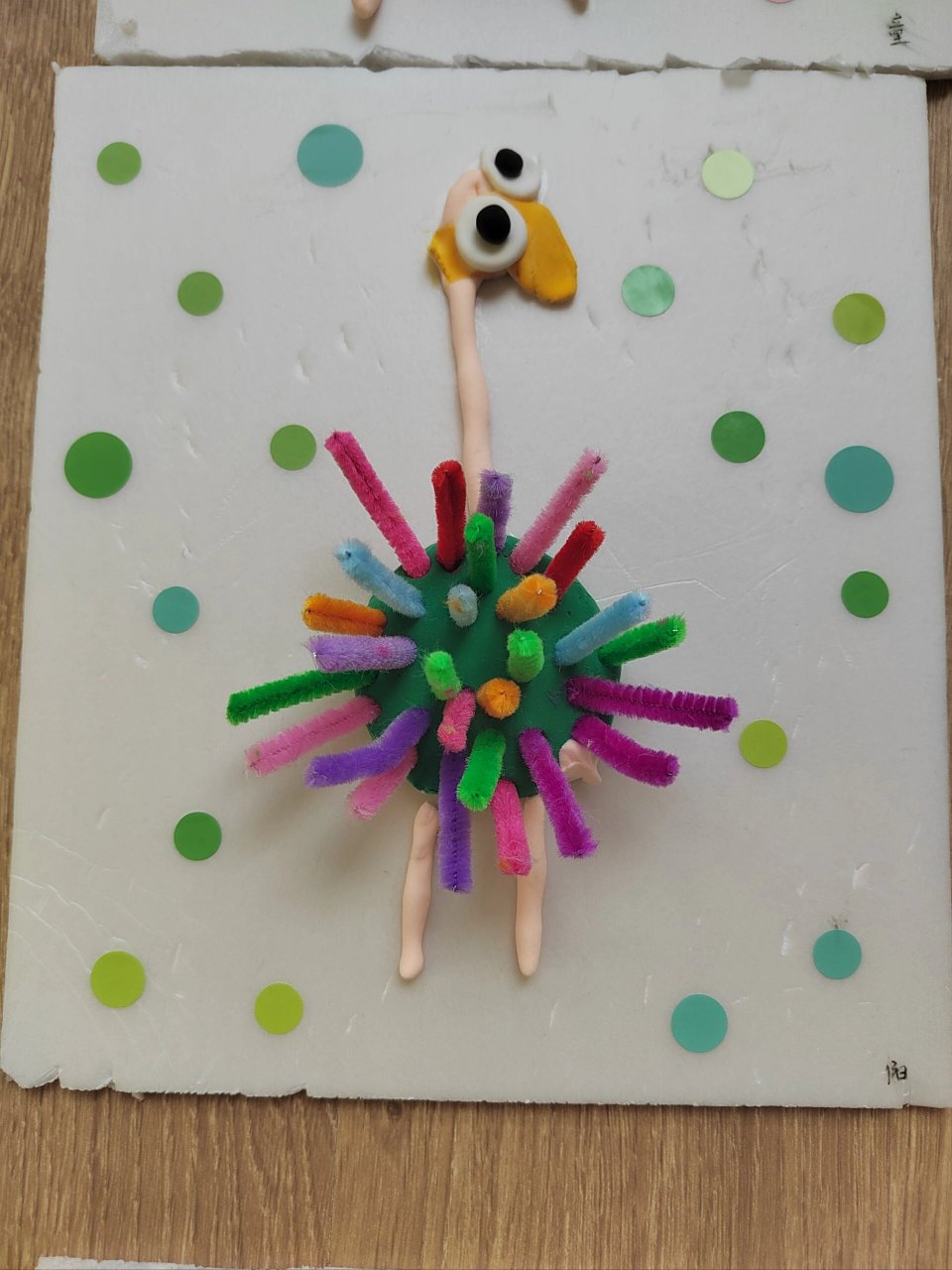 小班美术作品 小班美术作品《鸵鸟》 粘土,毛根,圆点贴画的组合 简单