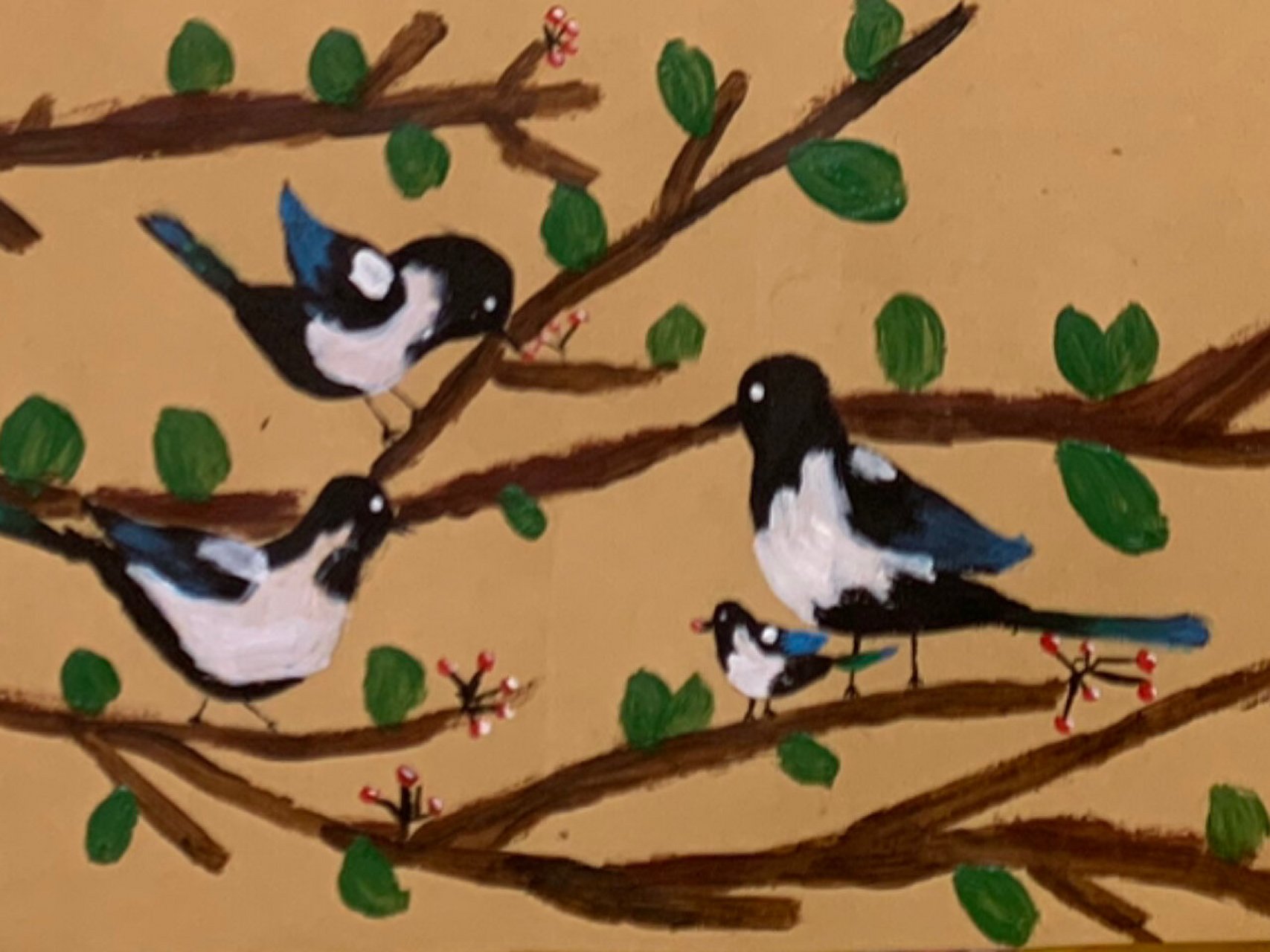 水粉画《喜鹊》