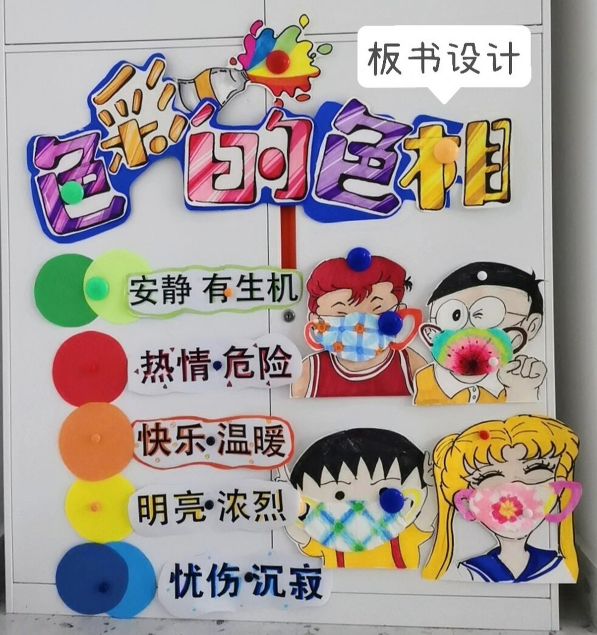 五年级人美版美术课《色彩的色相》板书 公开课板书准备中,扎染口罩