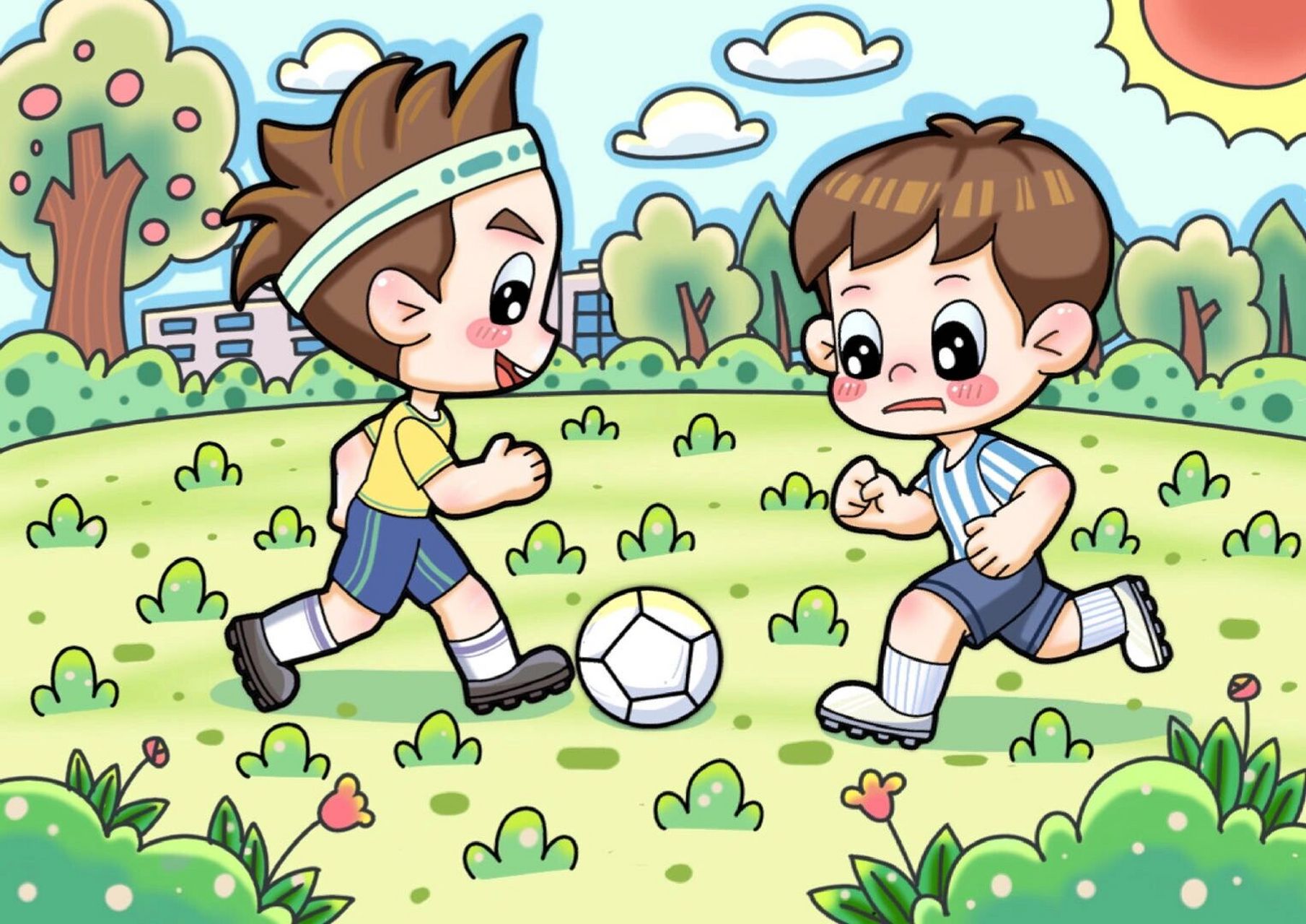小朋友踢足球儿童画图片