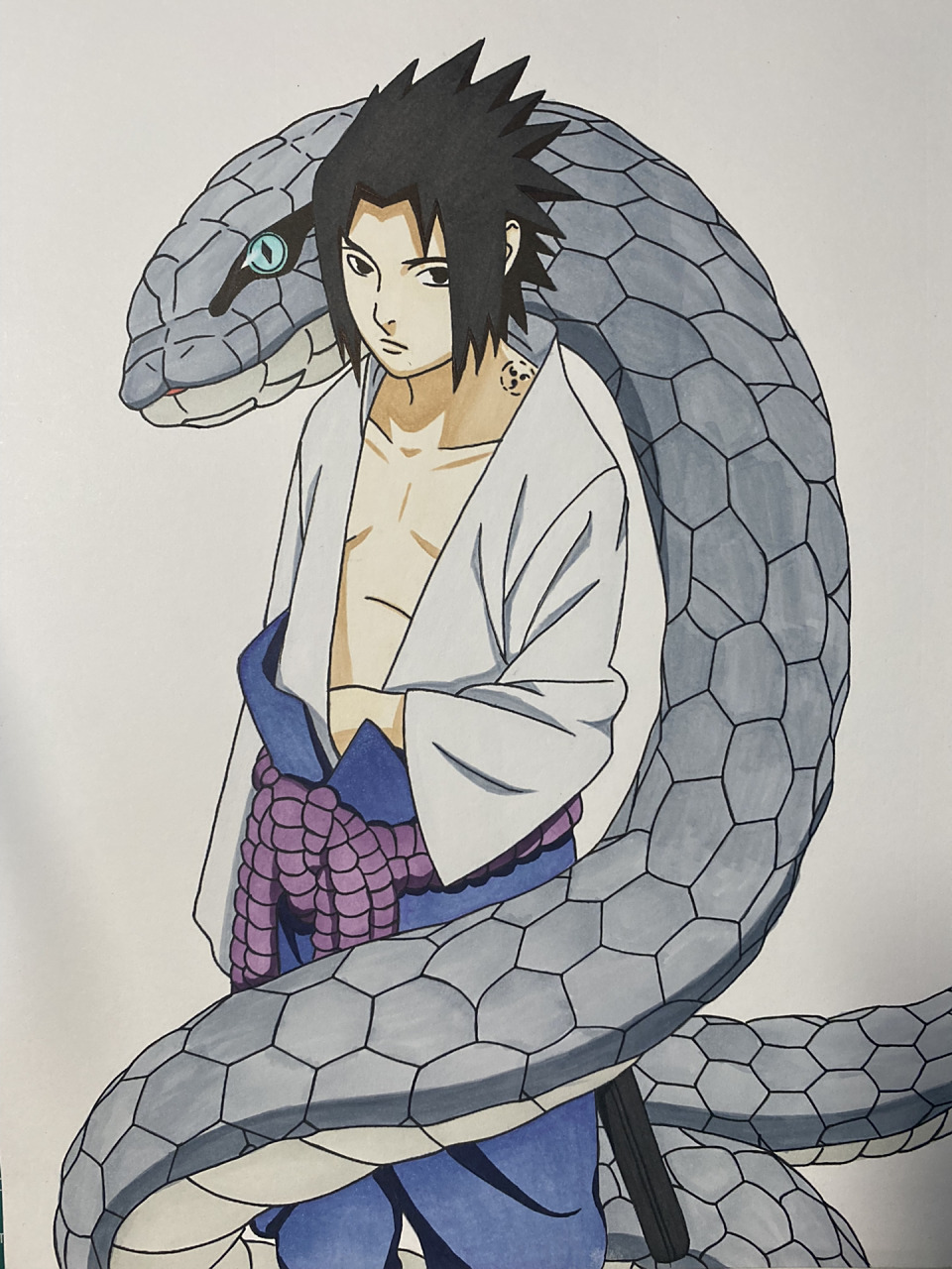 火影忍者佐助绘画过程图 纸张:荷兰白卡300g 绘画工具:樱花勾线笔,法